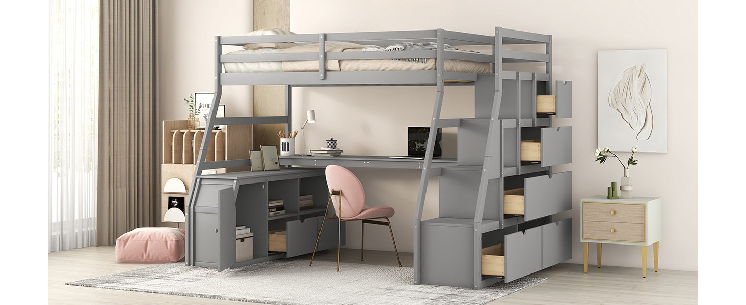 Twin Size Loft Bed with 7 Drawers 2 Shelves and Desk