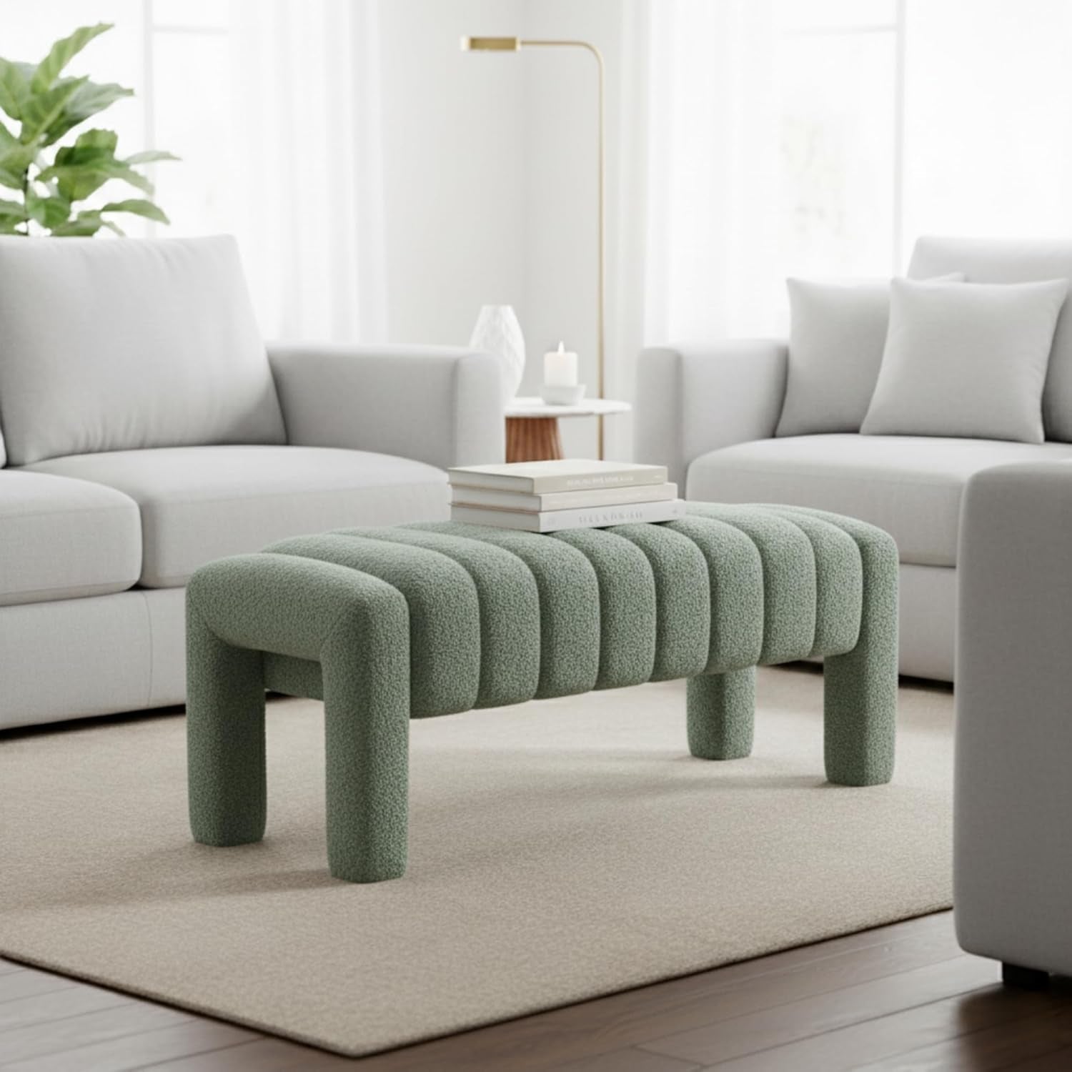 Green upholstered bench