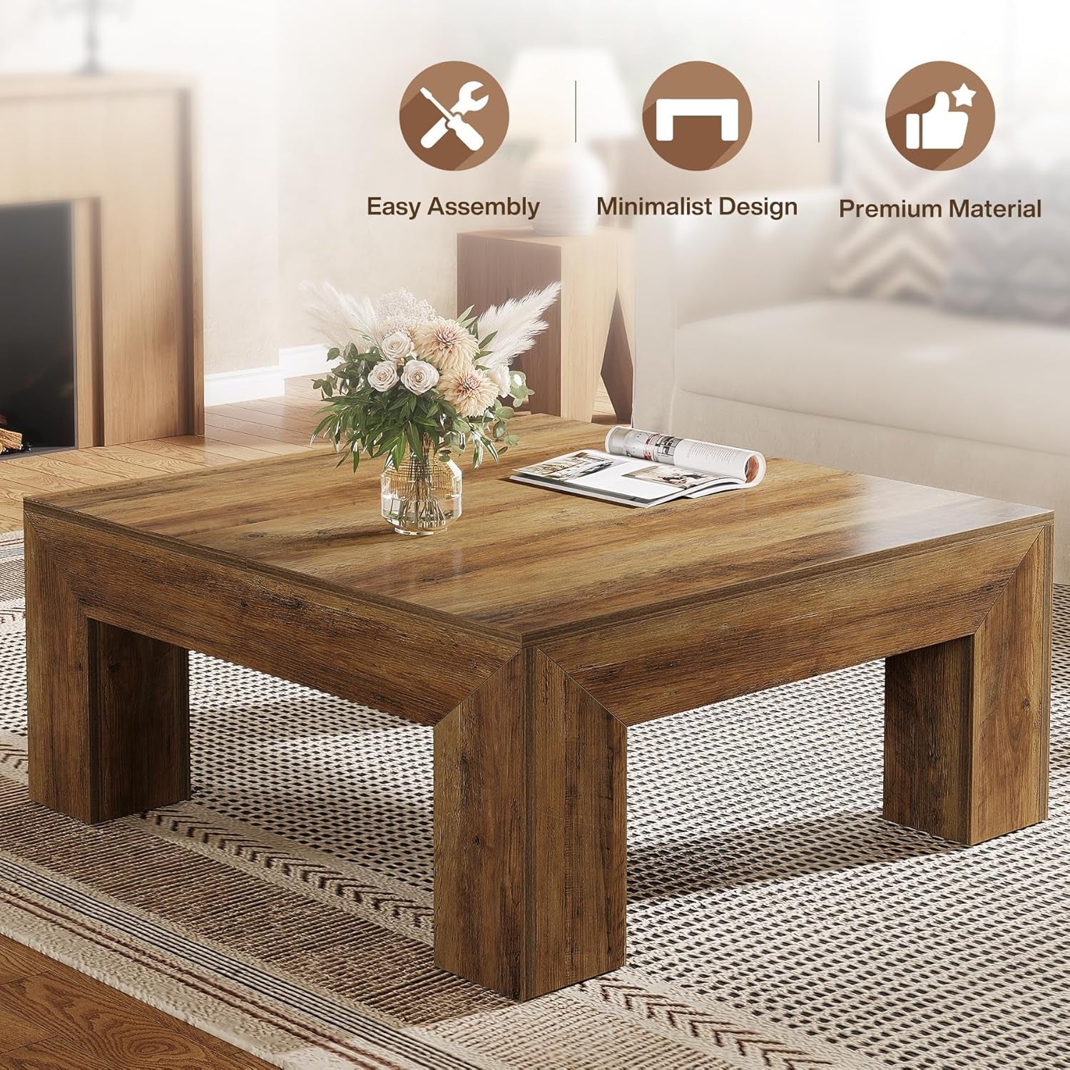 Wooden coffee table with a vase of flowers and newspaper in a living room setting, featuring icons for easy assembly, minimalist design, and premium material.