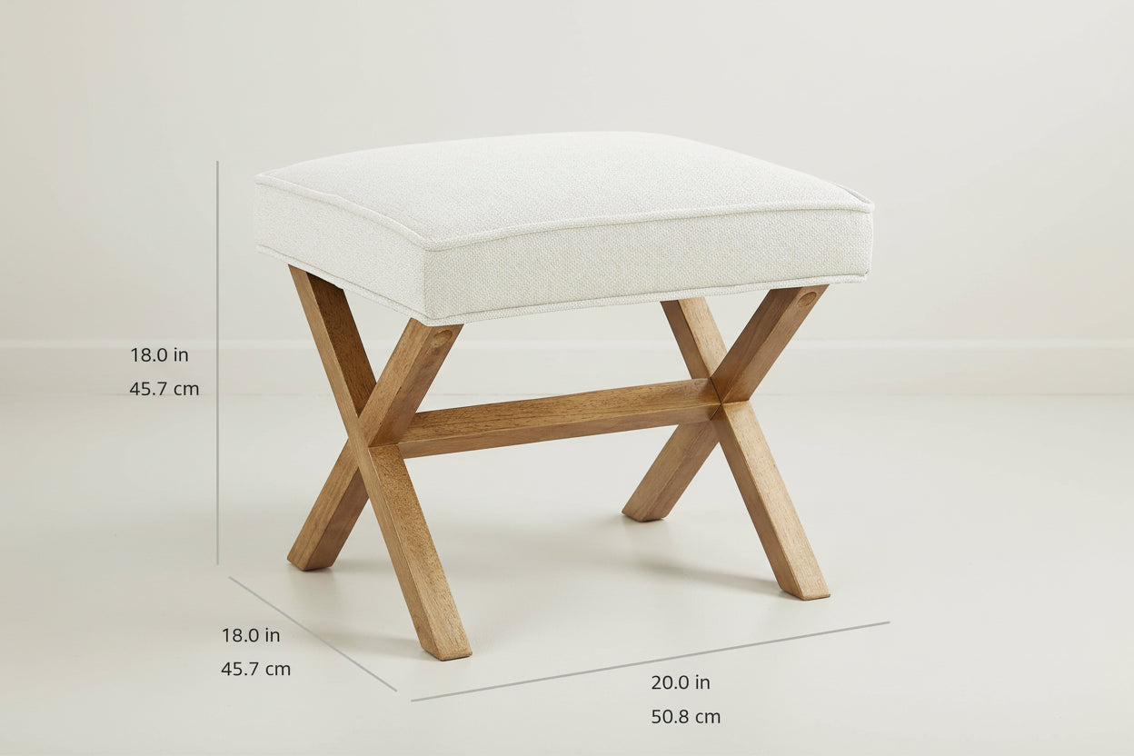 Wooden stool with a white cushion, shown with dimensions on a white background