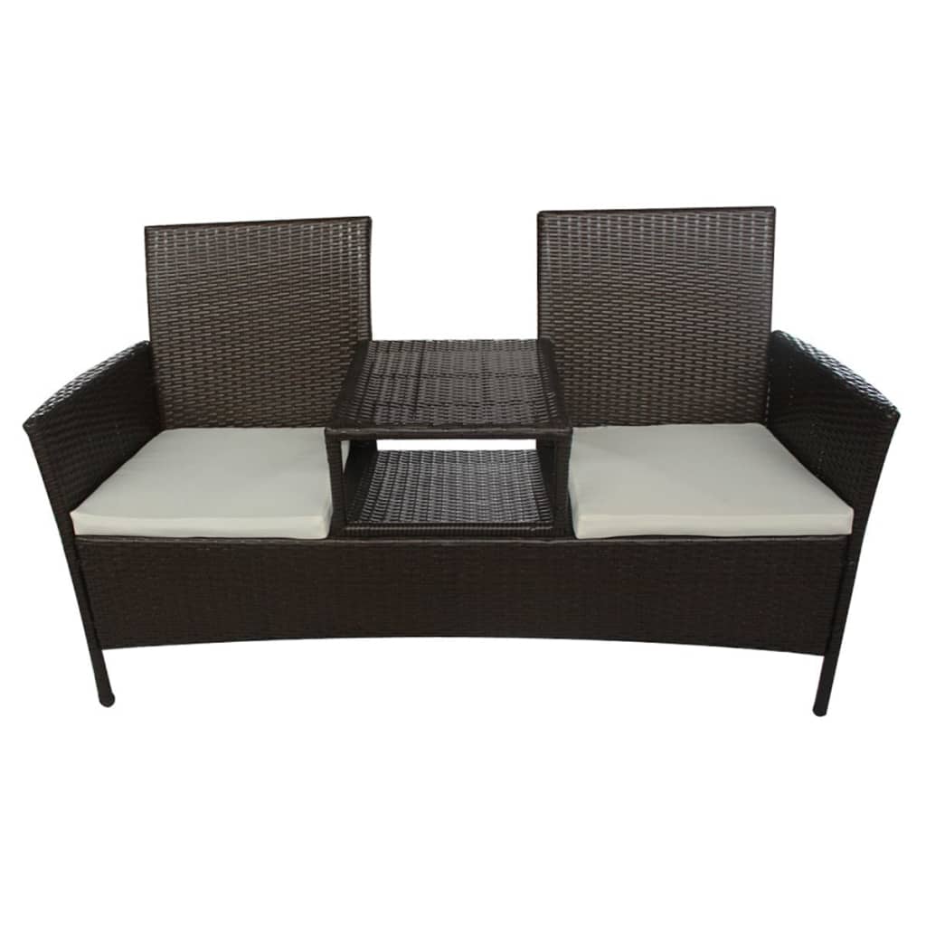 Wicker outdoor furniture set with two chairs and a table on a white background