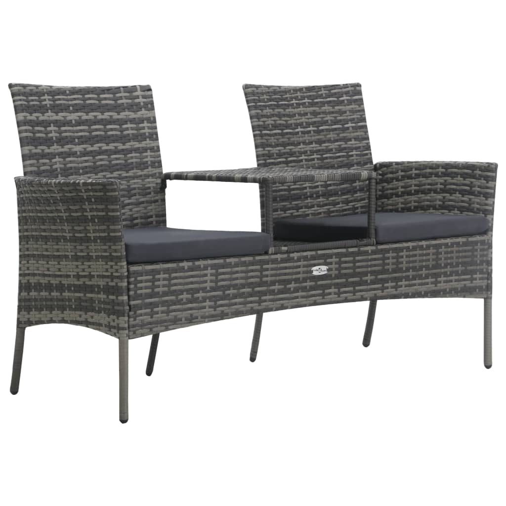 Gray wicker outdoor bench with cushions on a white background