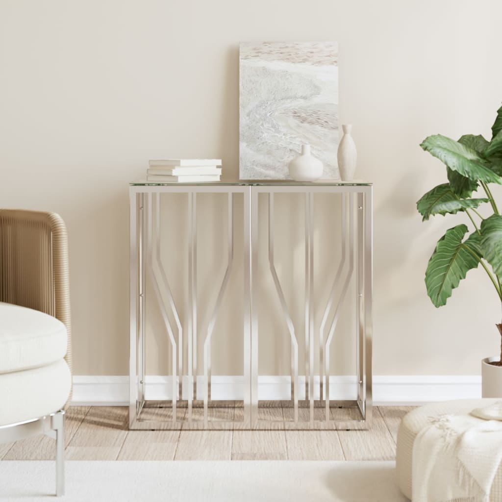 Modern console table with decorative items in a living room setting