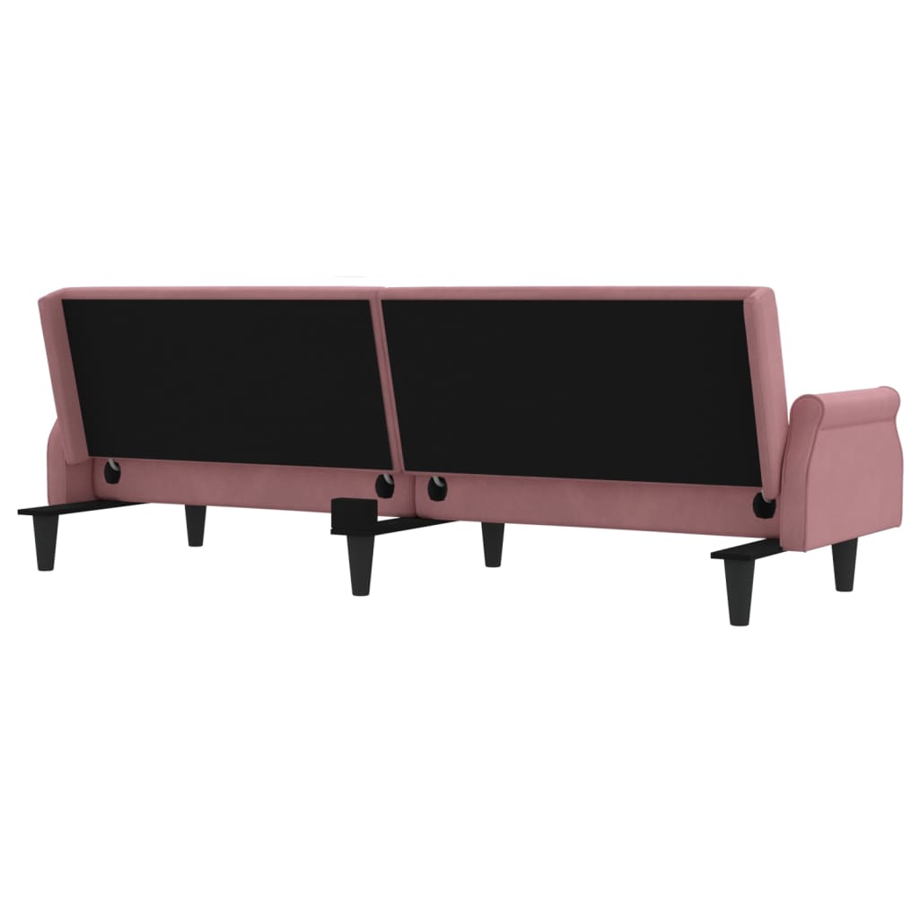 Pink sofa bed with black cushions on a white background