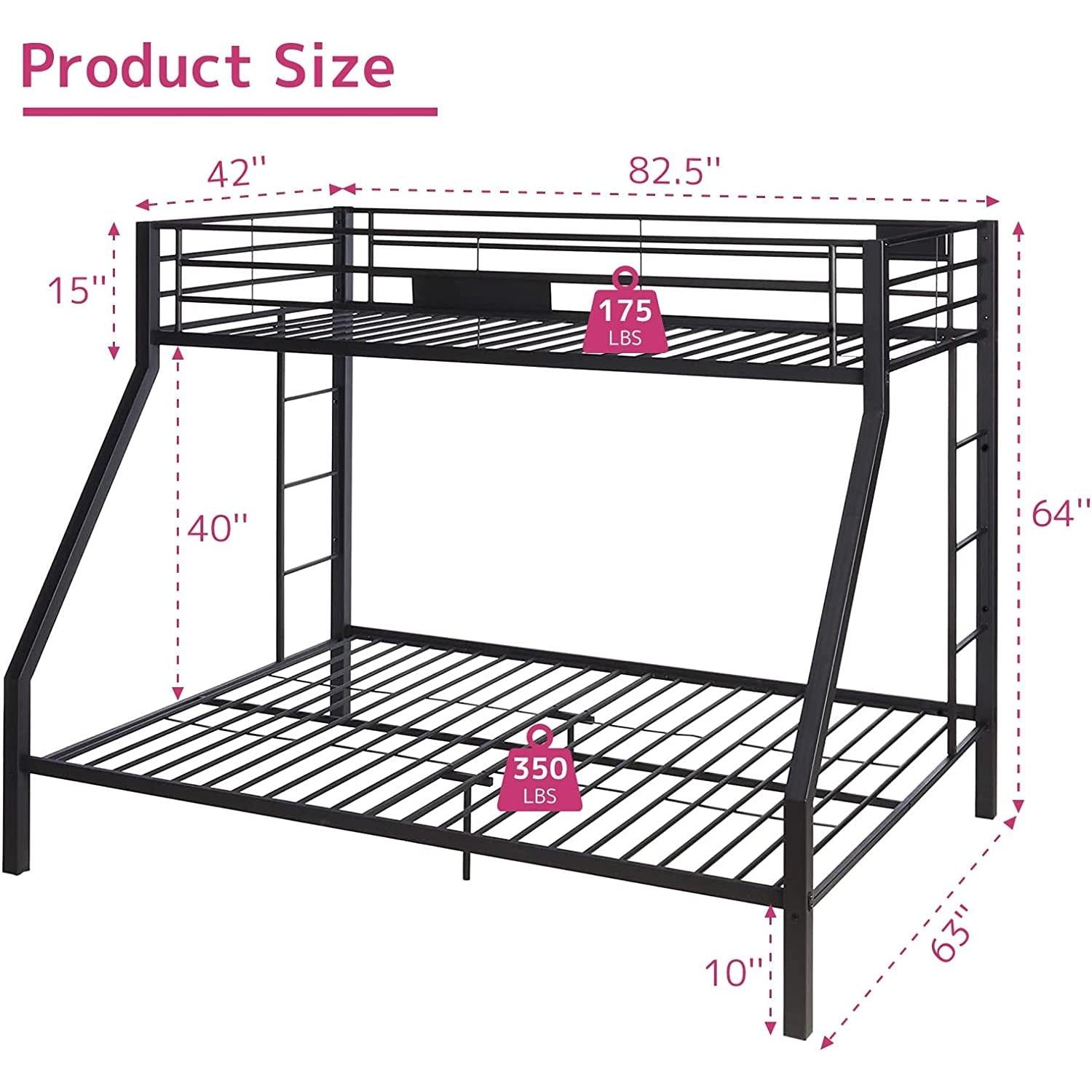 Black metal bunk bed with dimensions labeled on a white background