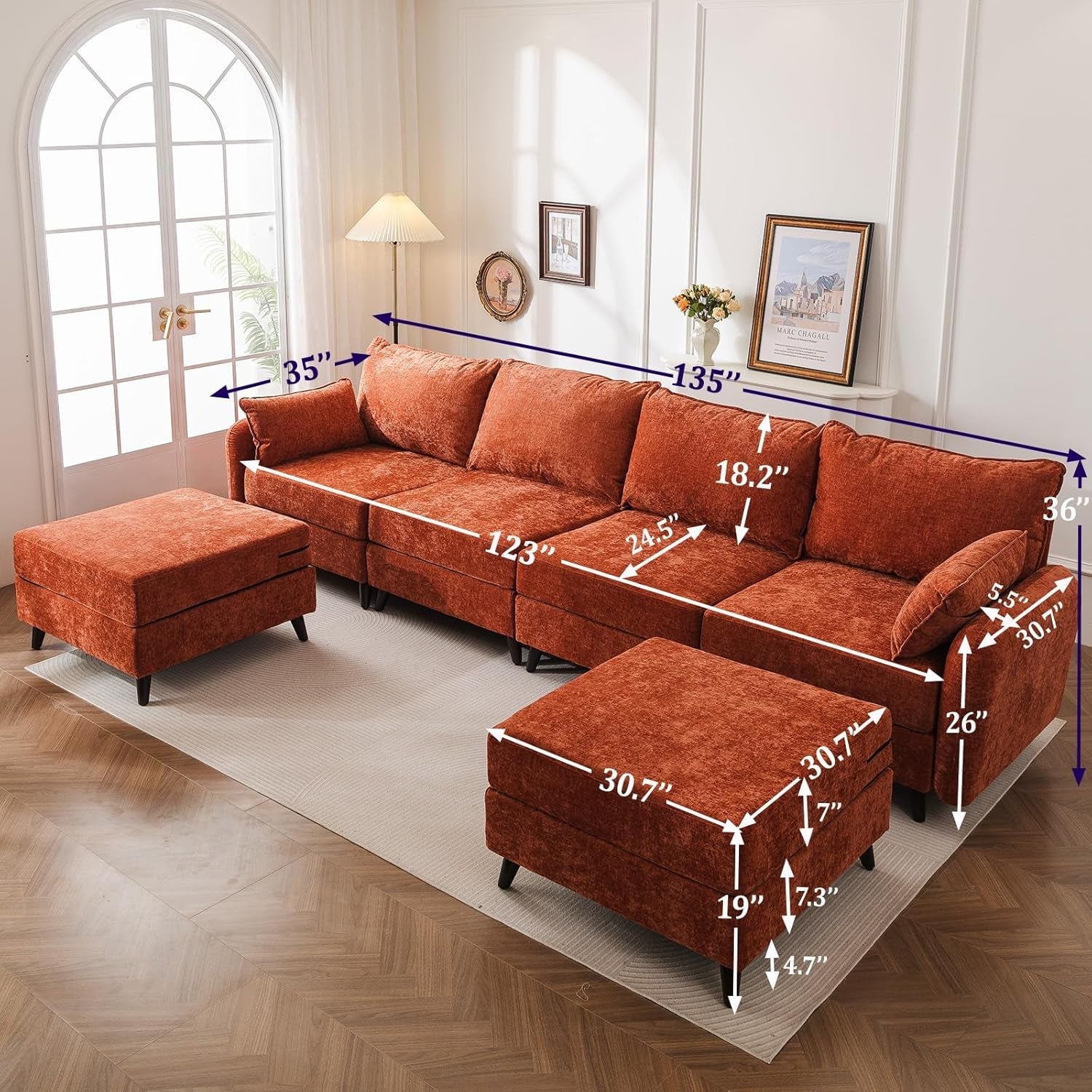 Orange sectional sofa with ottomans and dimensions marked on a wooden floor.