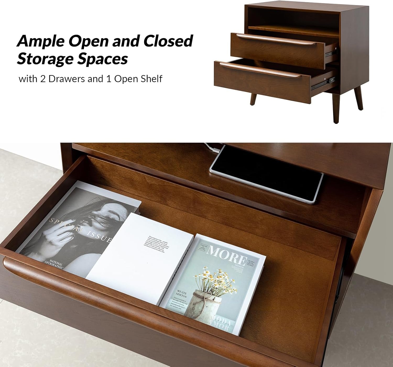 Wooden storage unit with drawers and open shelf displaying magazines and a tablet.
