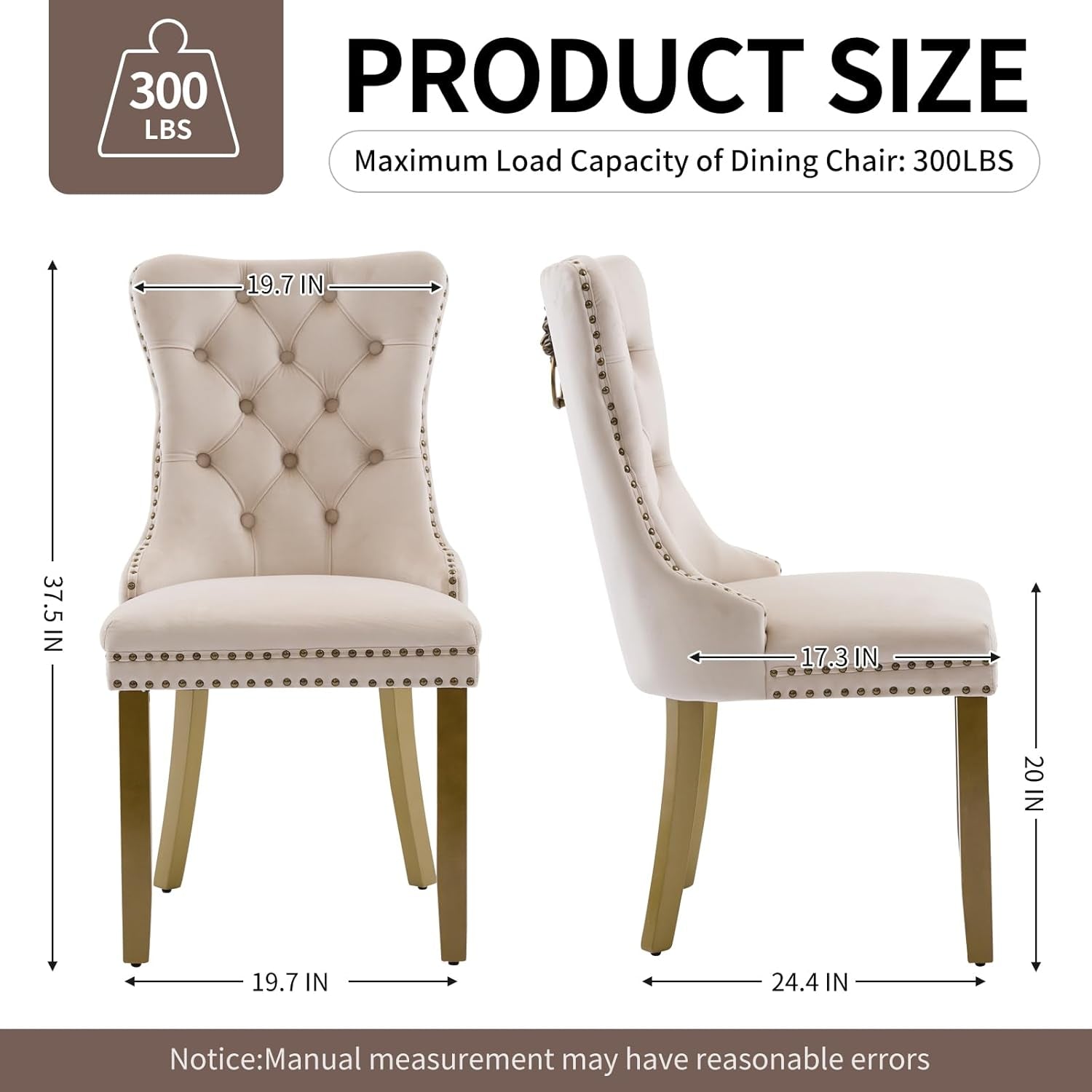 Beige dining chairs with measurements and load capacity information on a white background