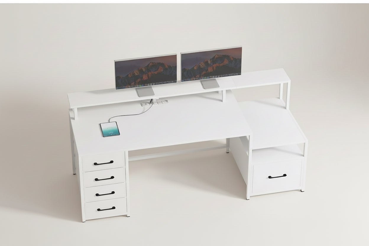 White office desk with two computer monitors and measurement text indicating 67-inch length.
