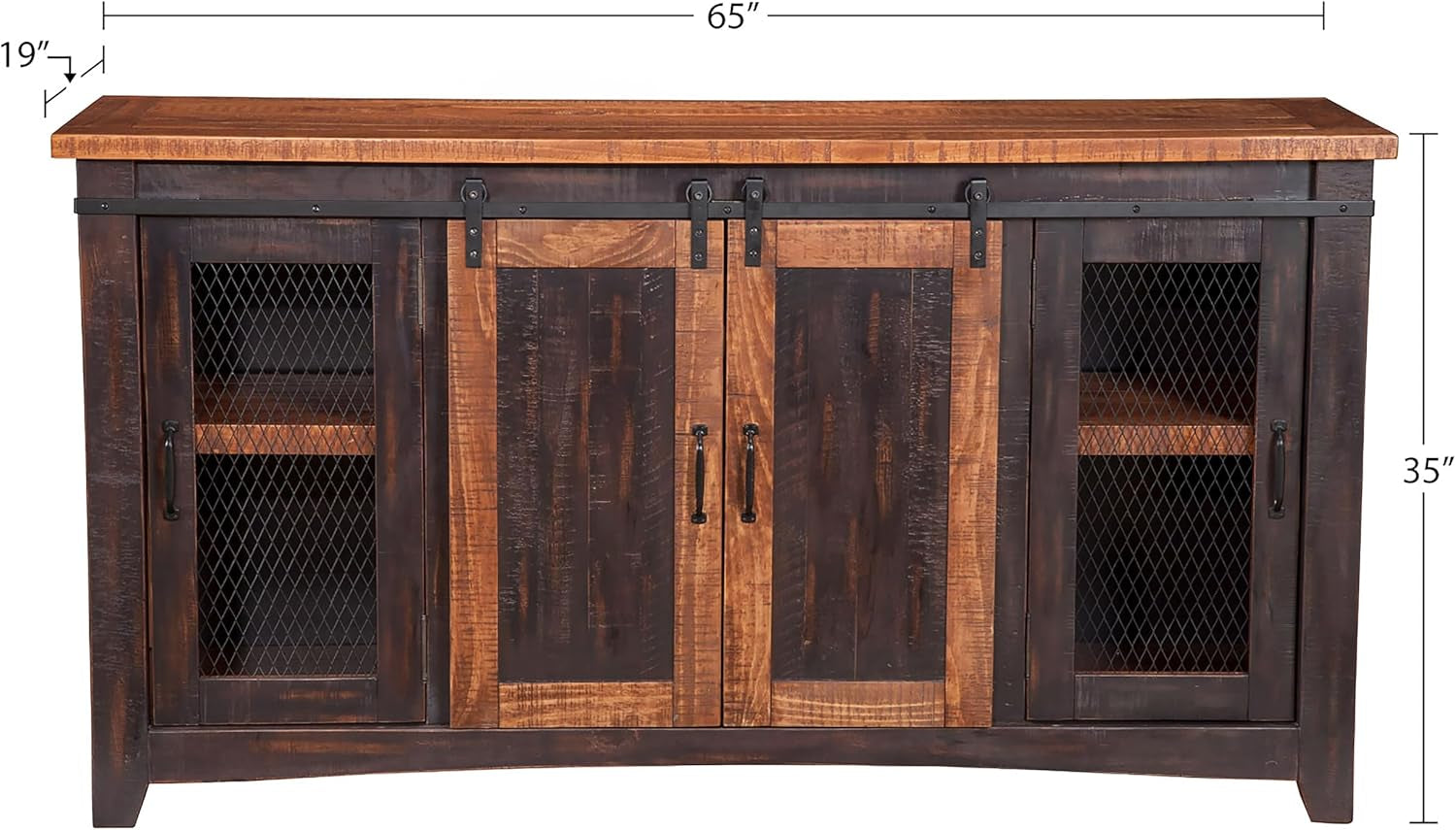 Wooden sideboard with metal mesh doors and dimensions displayed