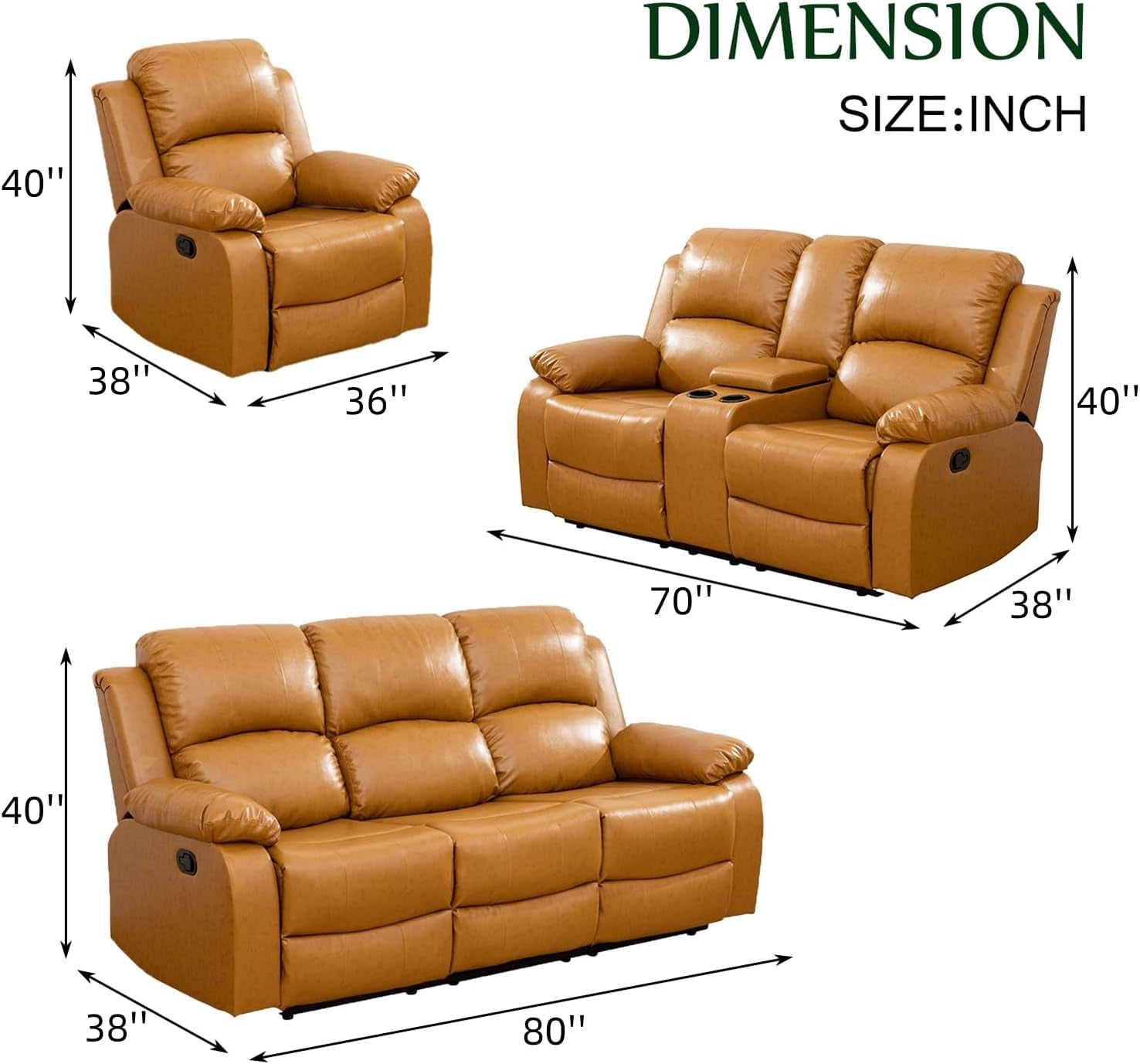 Dimensions of brown leather recliner sofas with measurements in inches.