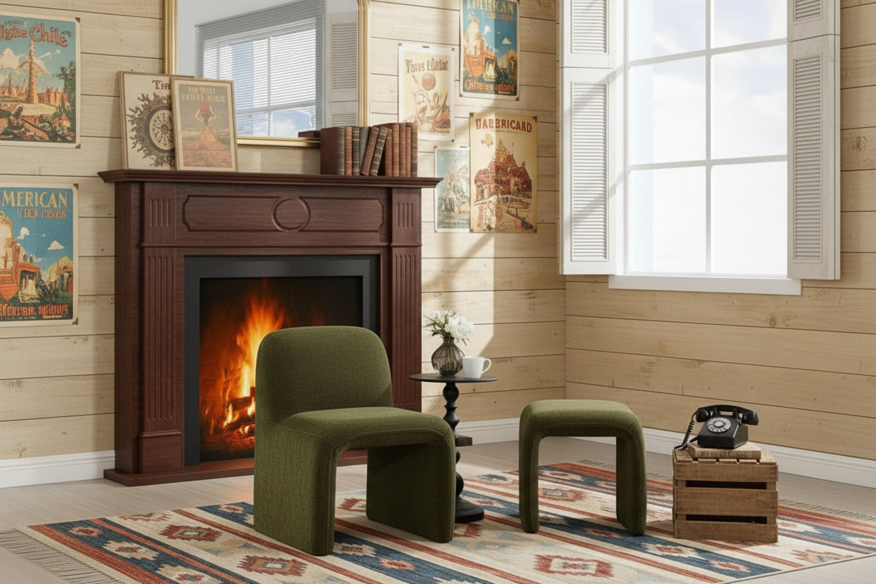 Two women sitting in a cozy living room with a fireplace.