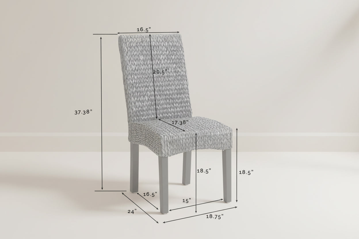 Gray upholstered chair with dimensions labeled on a white background