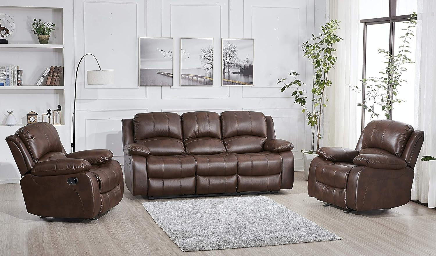 3 Piece Bonded Leather Reclining Sofa Set In Brown-1
