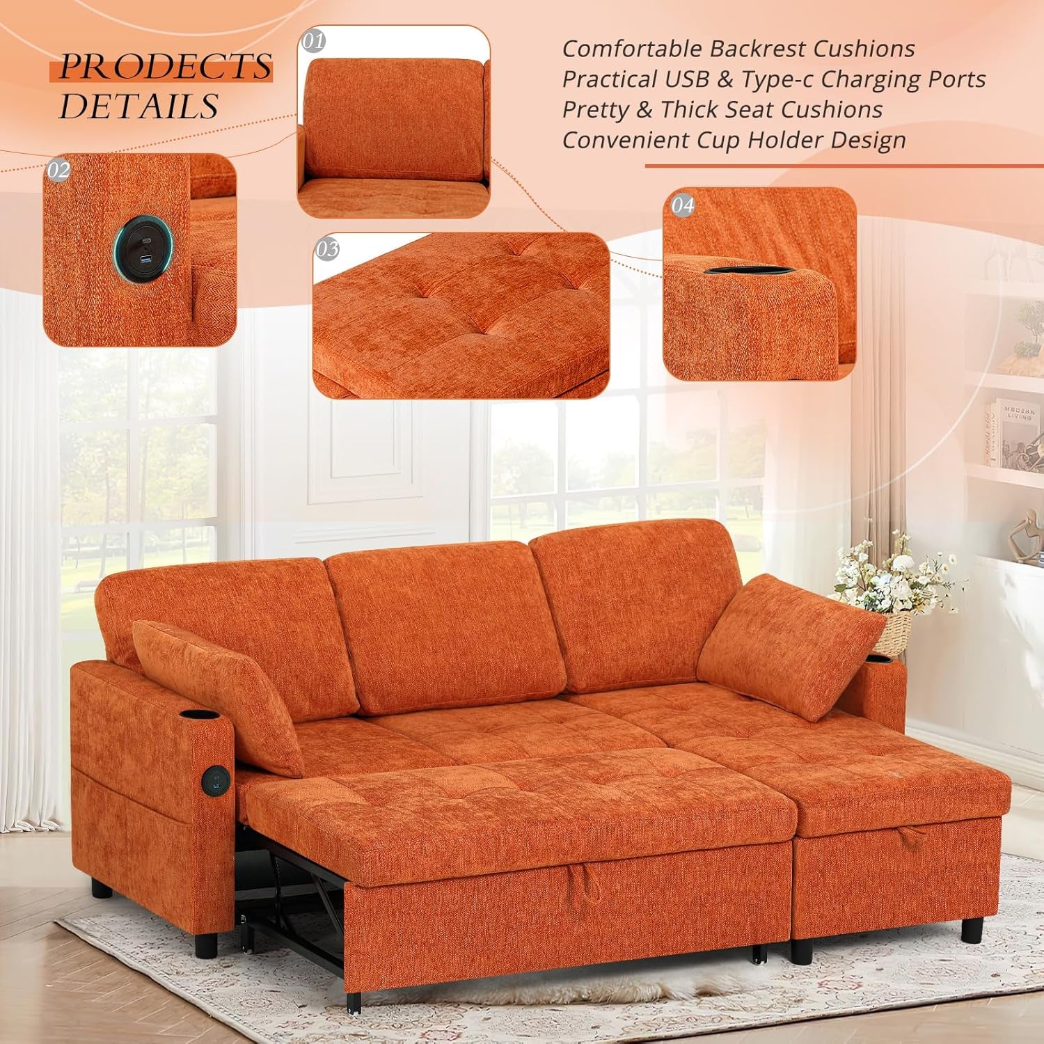 84Inches BrightOrange Chenille Pullout Sofa Bed USBPort-4
