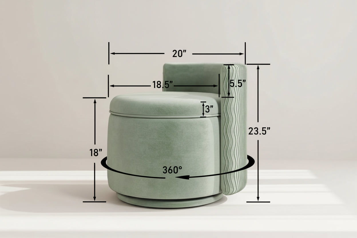 Green ottoman with dimensions marked on a neutral background