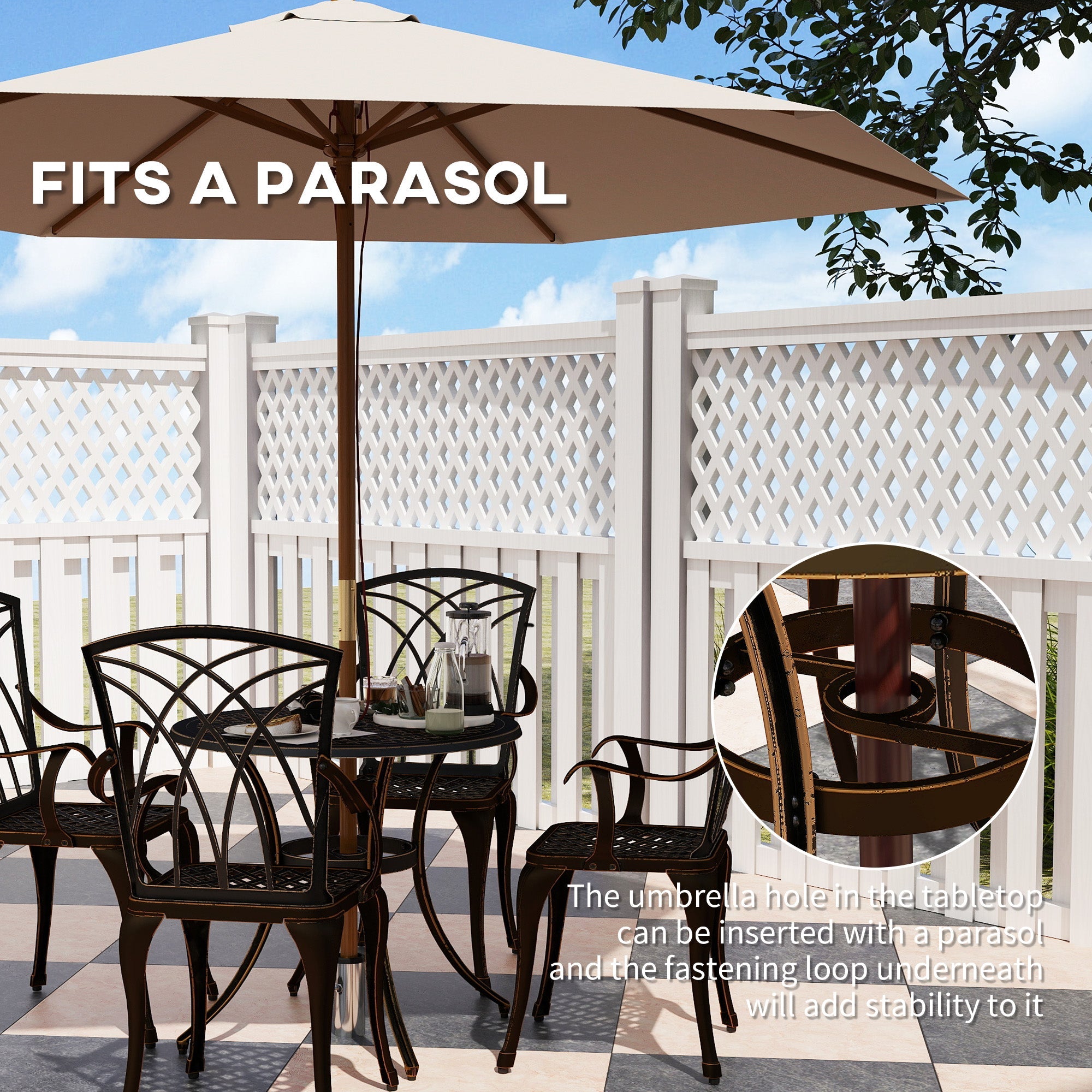 5 Pieces Garden Dining Set for 4, Cast Aluminium Outdoor Dining Set with 4 Armchairs and Round Dining Table with Parasol Hole, Garden Furniture Set, Bronze Tone-4