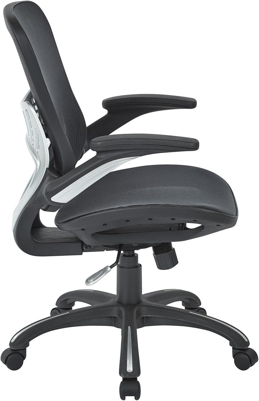 Black office chair with adjustable armrests on a white background