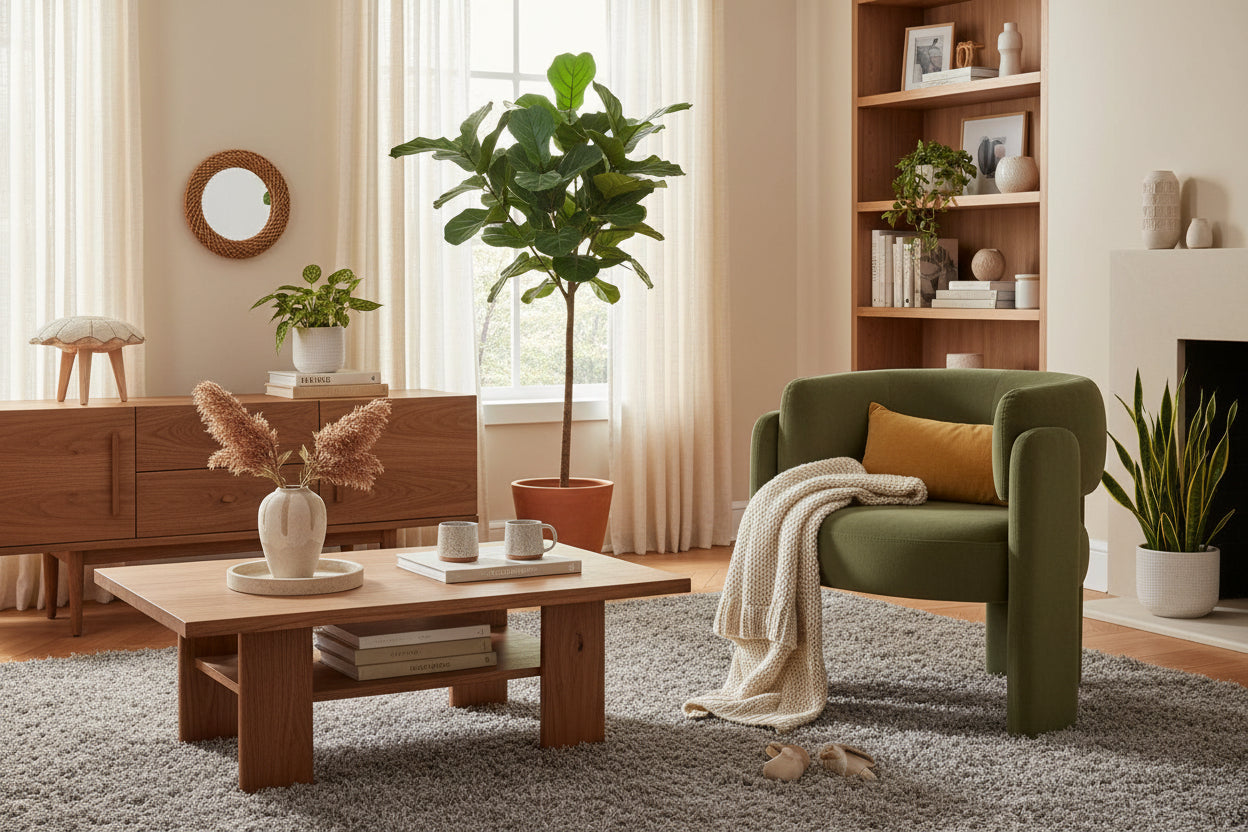 Green modern accent chair with text highlighting features in a home setting.
