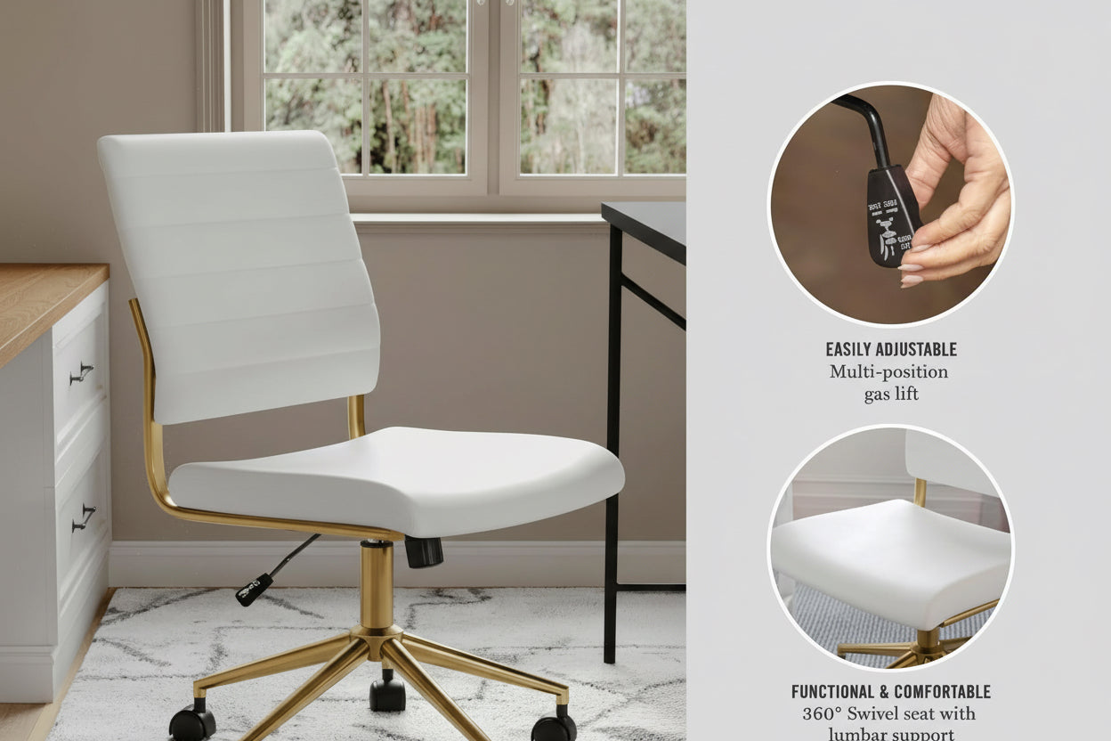 White office chair with gold accents in a home office setting, featuring Martha Stewart logo.