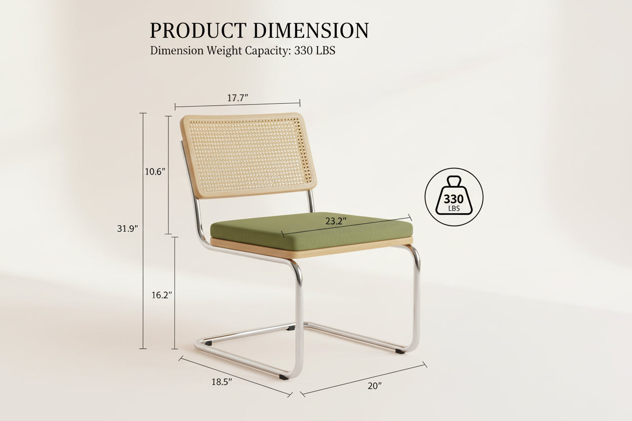 Chair with dimensions and weight capacity label on a white background