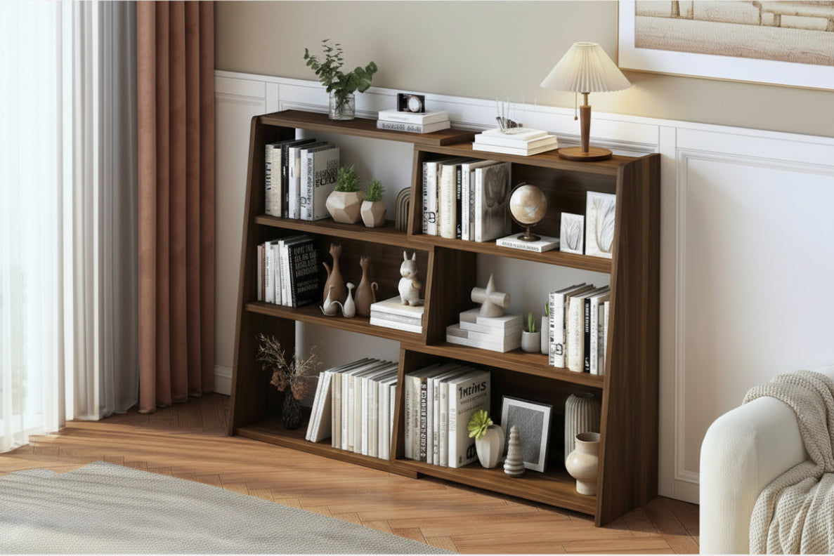 Wooden bookshelf with color options on a white background