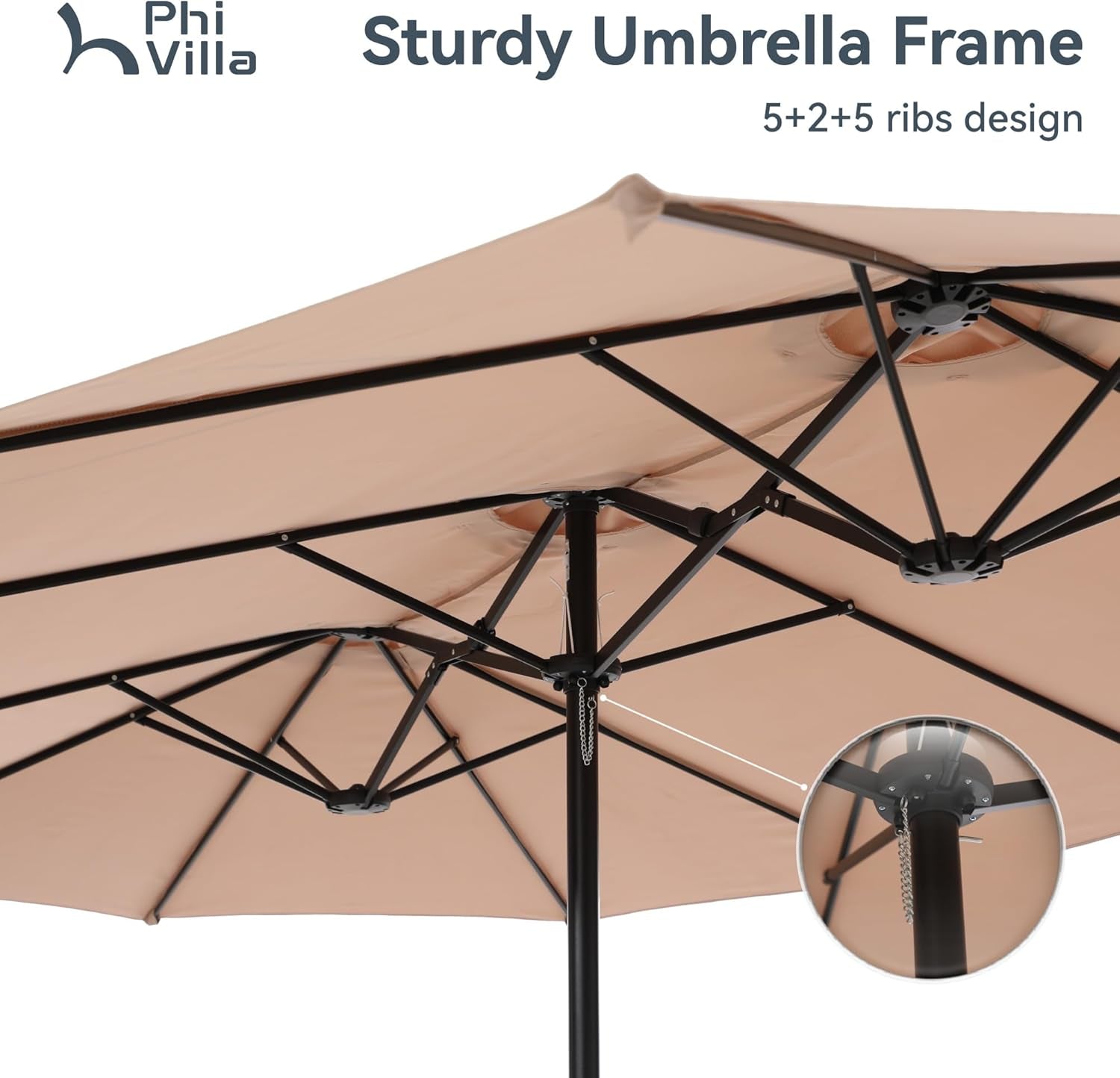 Beige outdoor umbrella with black frame and detailed view of the sturdy design, featuring Phi Villa brand.