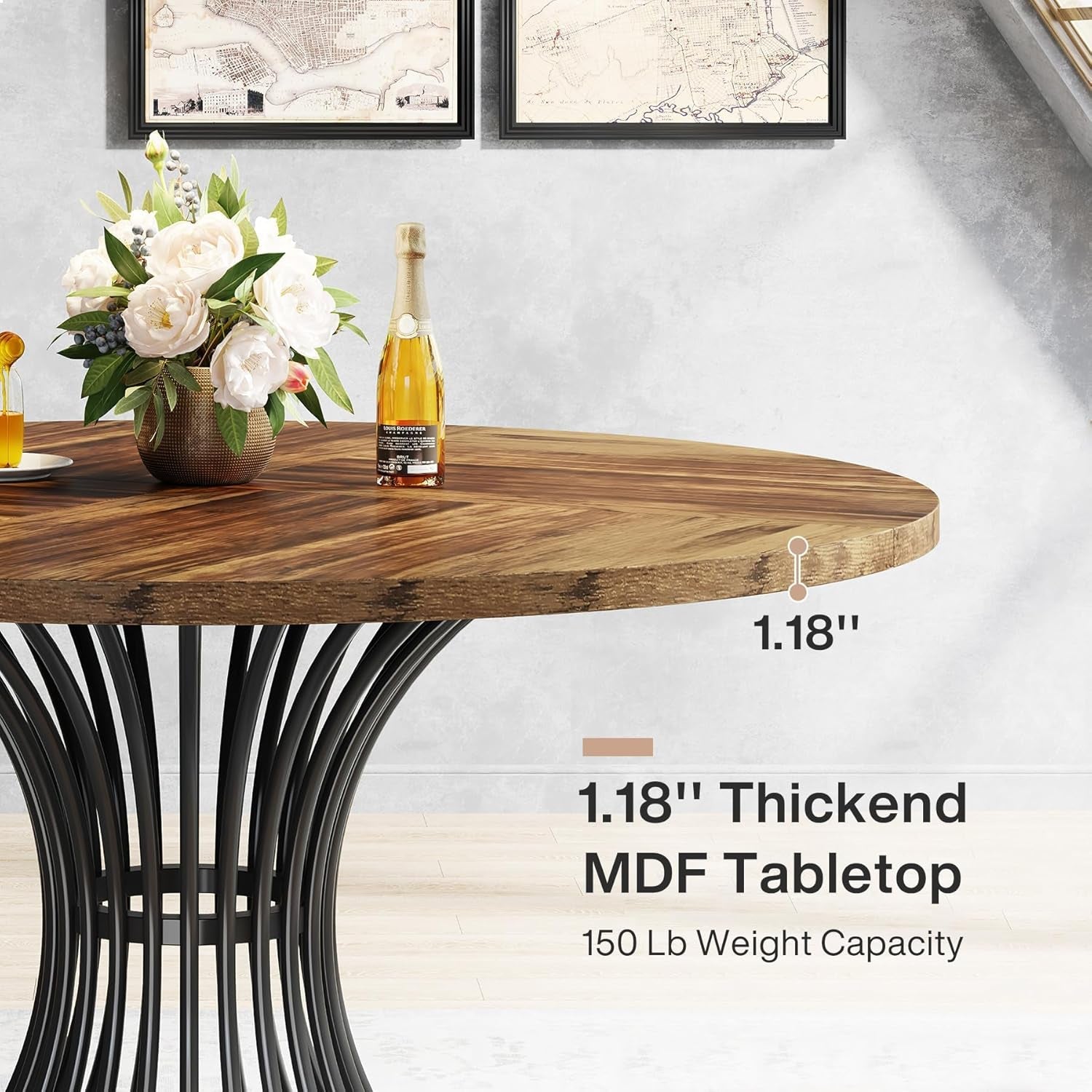 Wooden table with a bottle and flowers on a light gray wall background