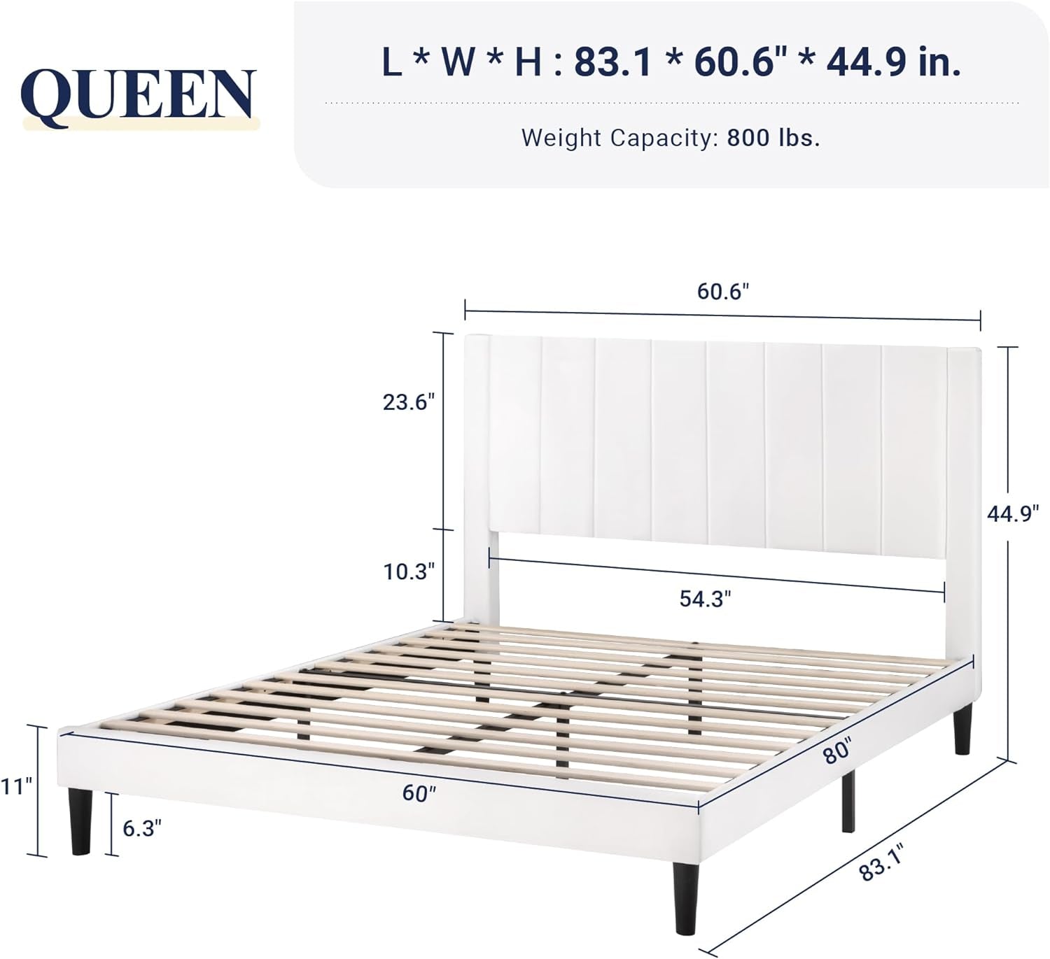 Queen-sized bed frame with dimensions and weight capacity displayed.