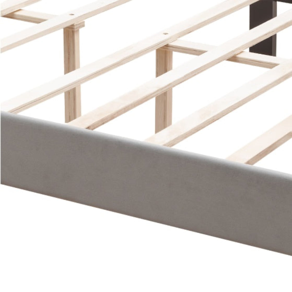 Wooden bed frame with a concrete headboard on a white background