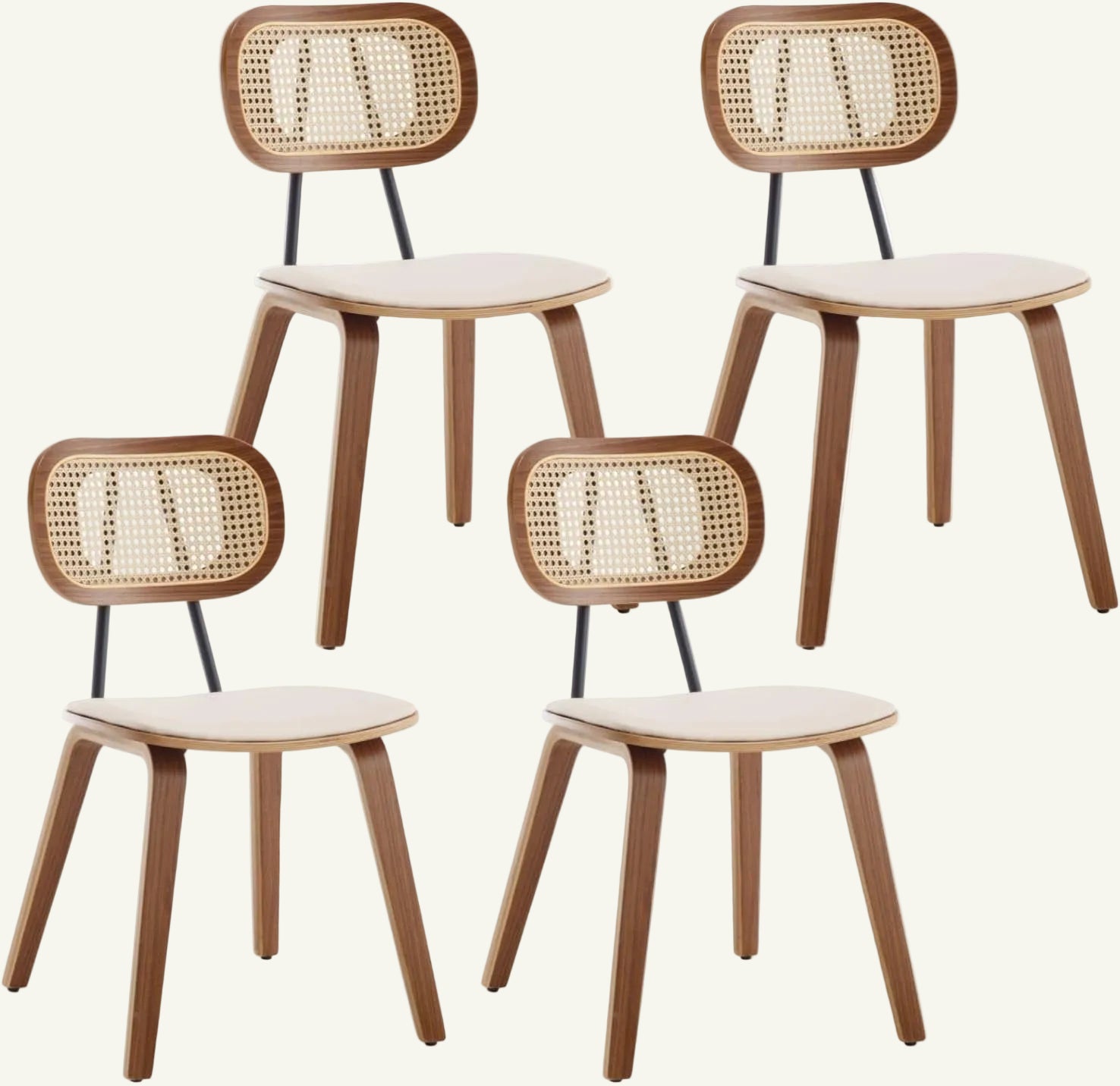Four wooden chairs with wicker backrests on a white background