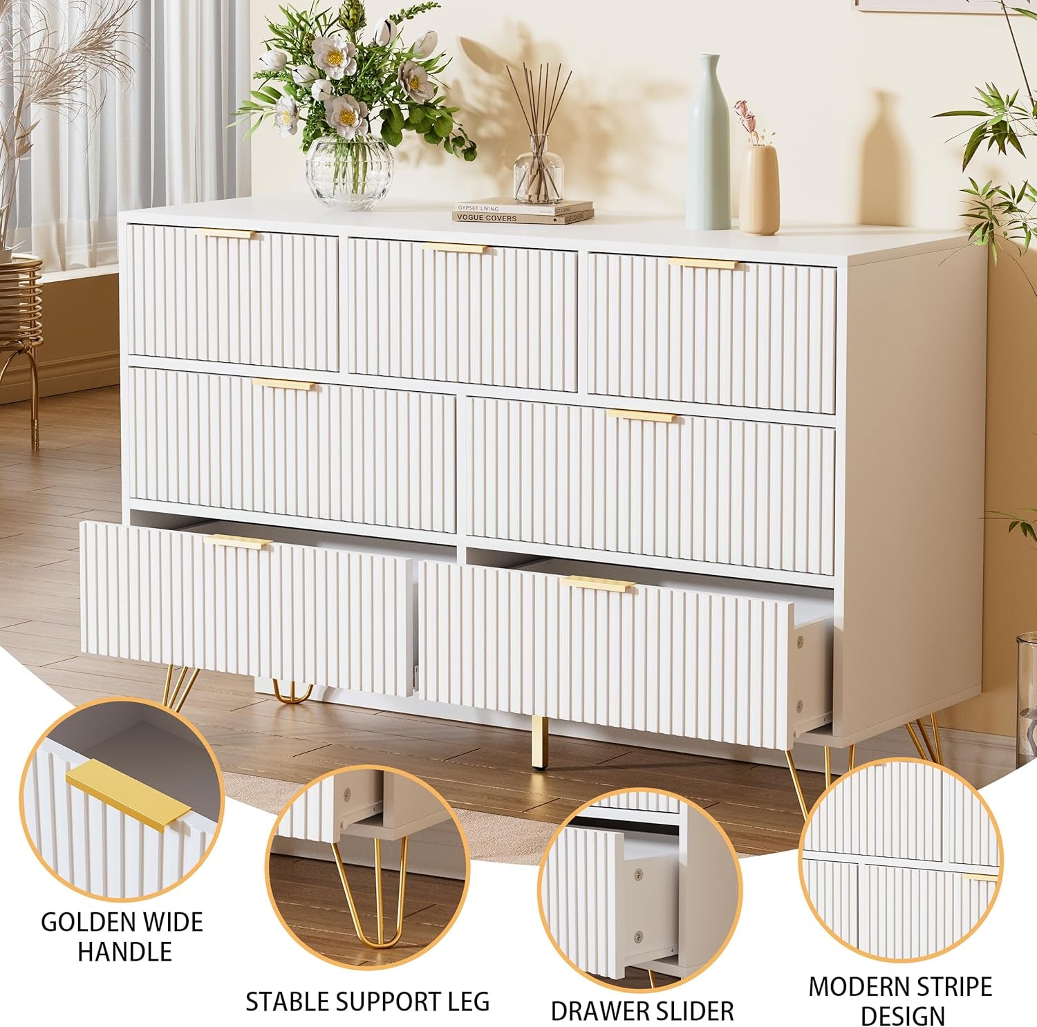 White dresser with gold accents in a room setting, featuring close-up details of design elements.