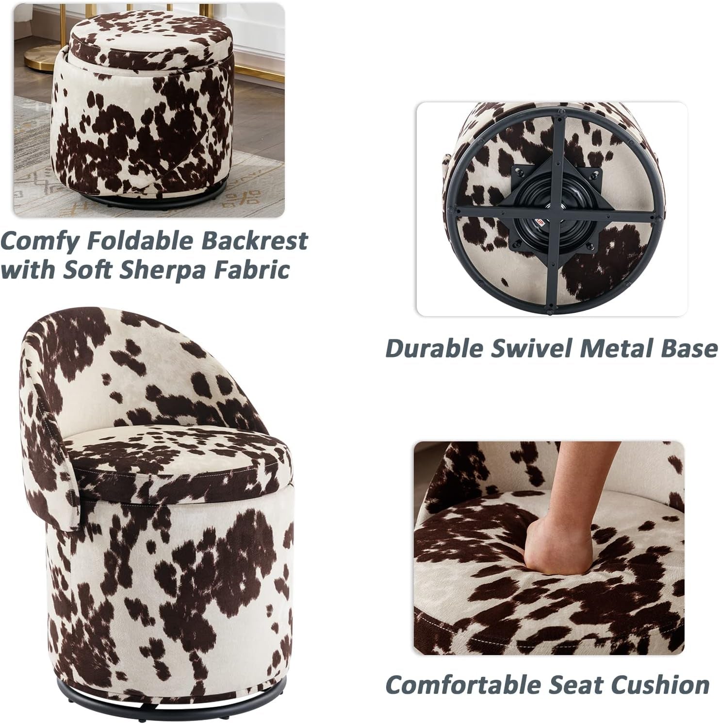 Cow print ottoman with text highlighting features like a swivel metal base and soft sherpa fabric.
