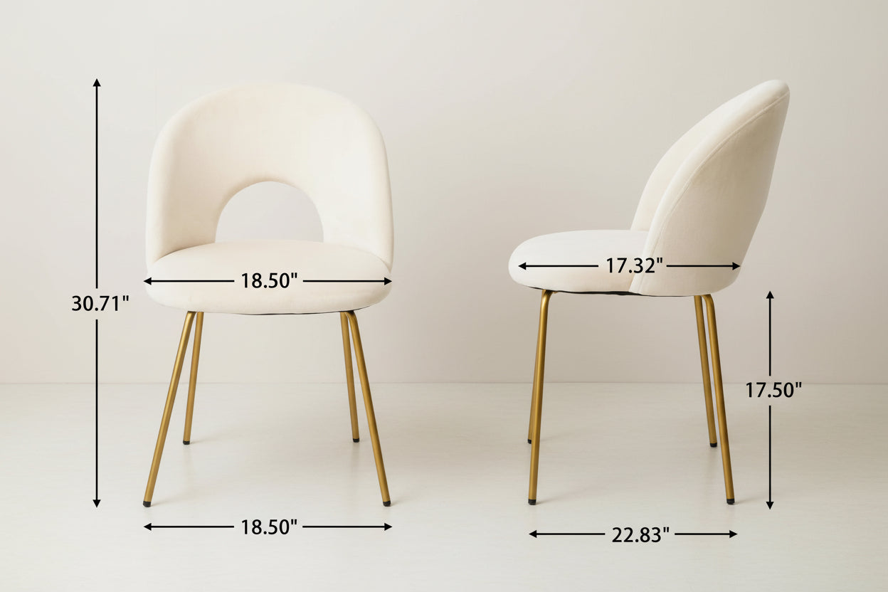 Two beige chairs with gold legs and their dimensions on a white background