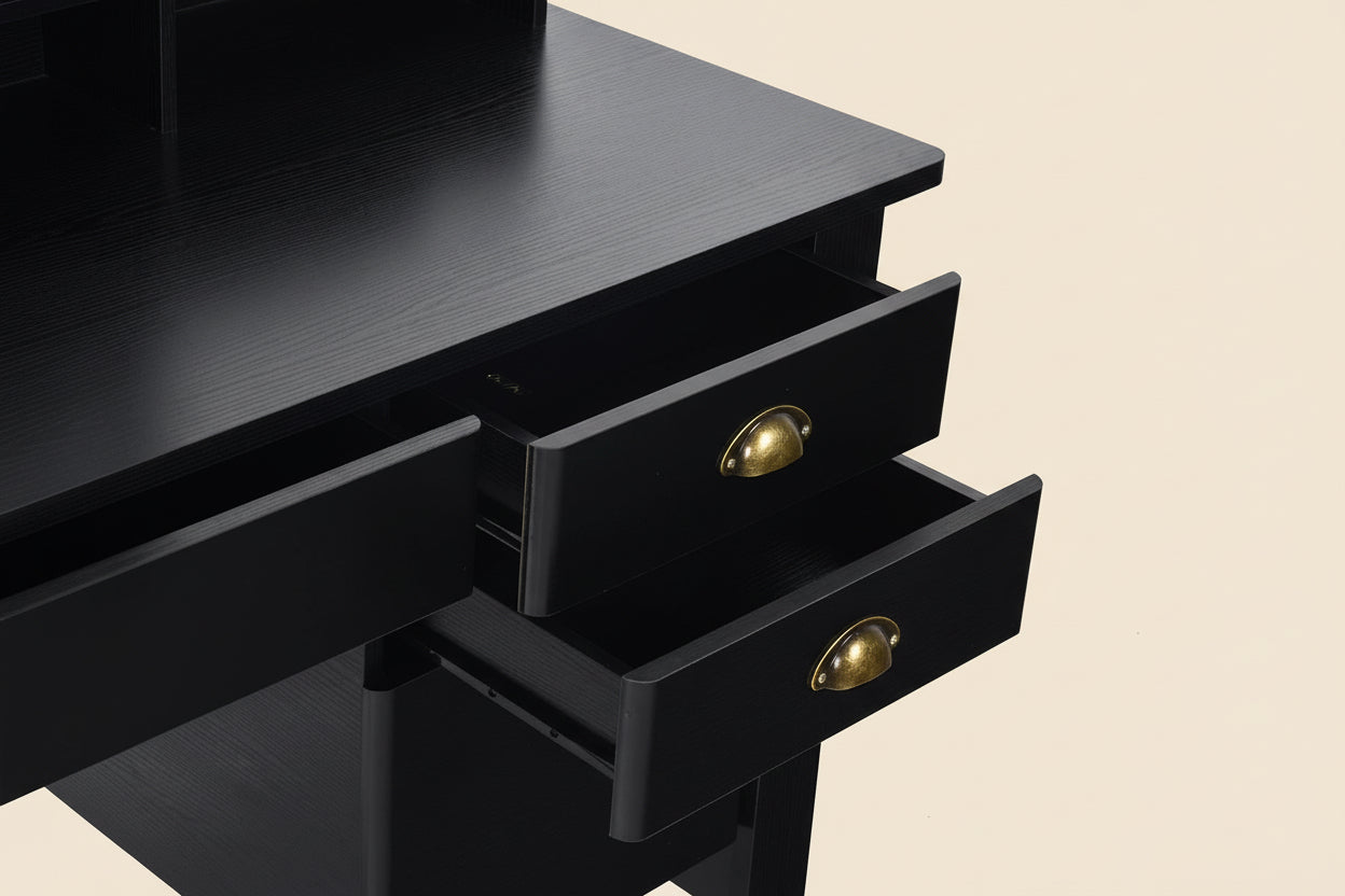 Matte Black Desk With Drawers And Hutch For Home Office
