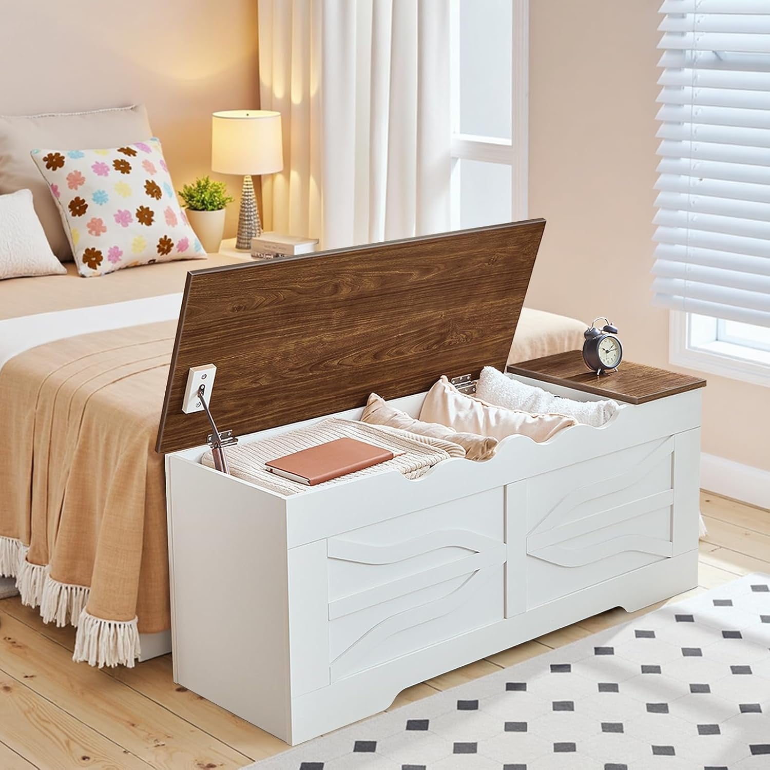 White storage bench with wooden top in a bedroom setting