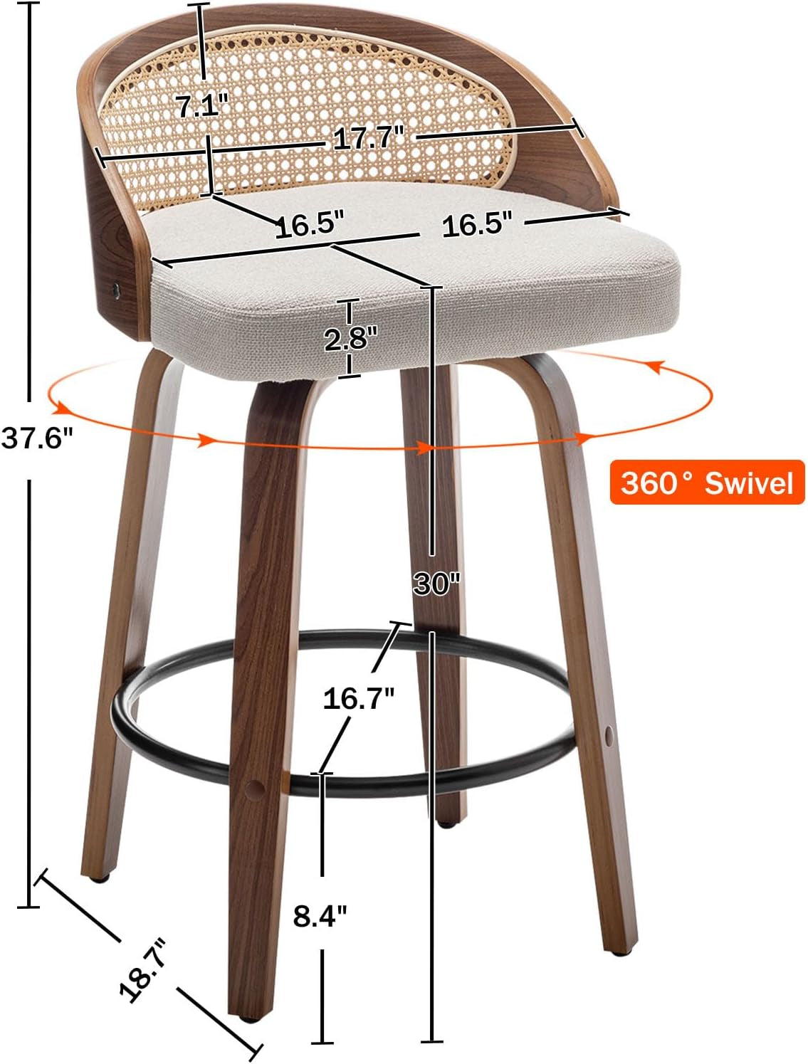 Bar stool with dimensions and swivel feature highlighted on a white background