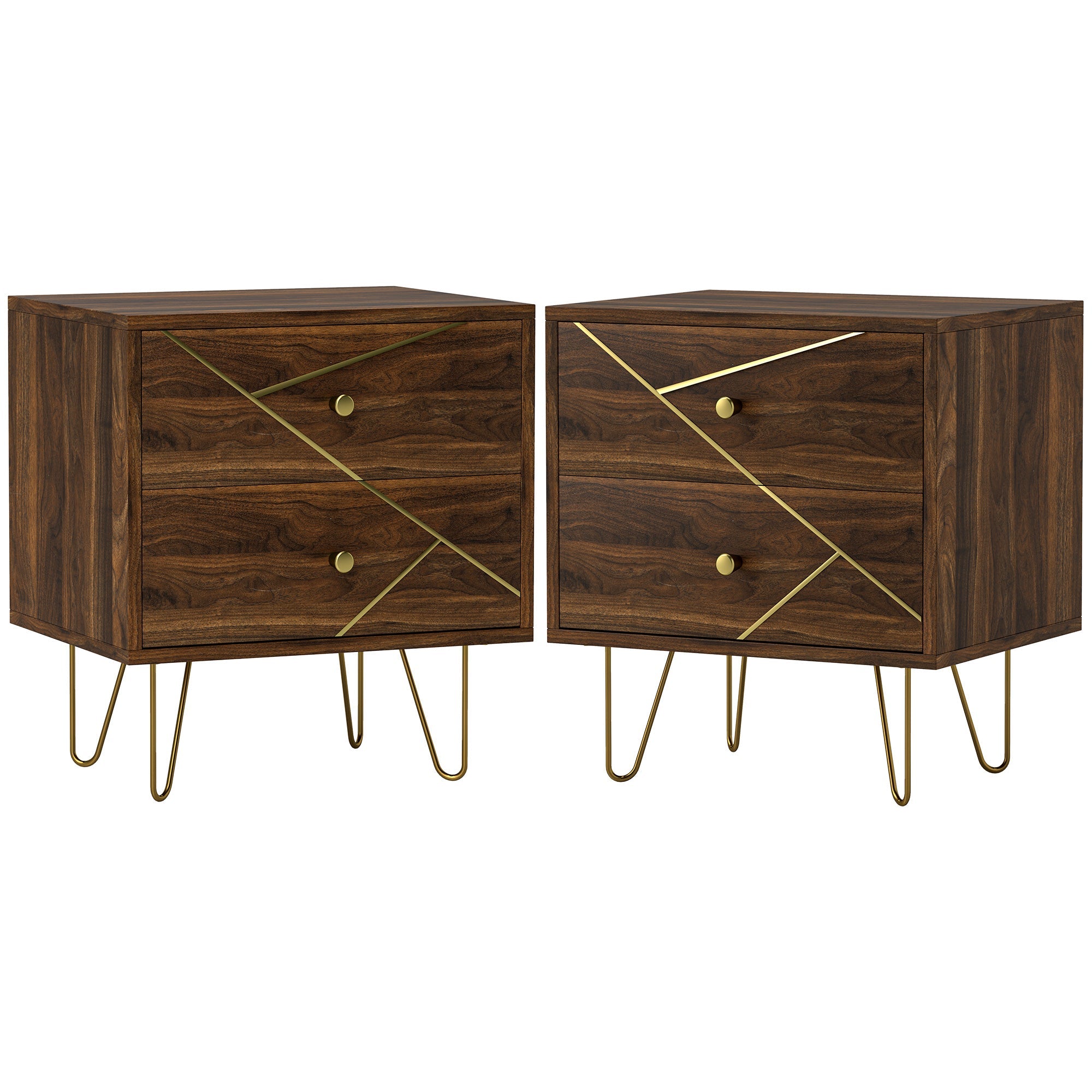 Bedside Tables Set of 2, Modern Side Table Set with 2 Drawers and Steel Hairpin Legs, Nightstand for Bedroom, Brown Wood Grain-0
