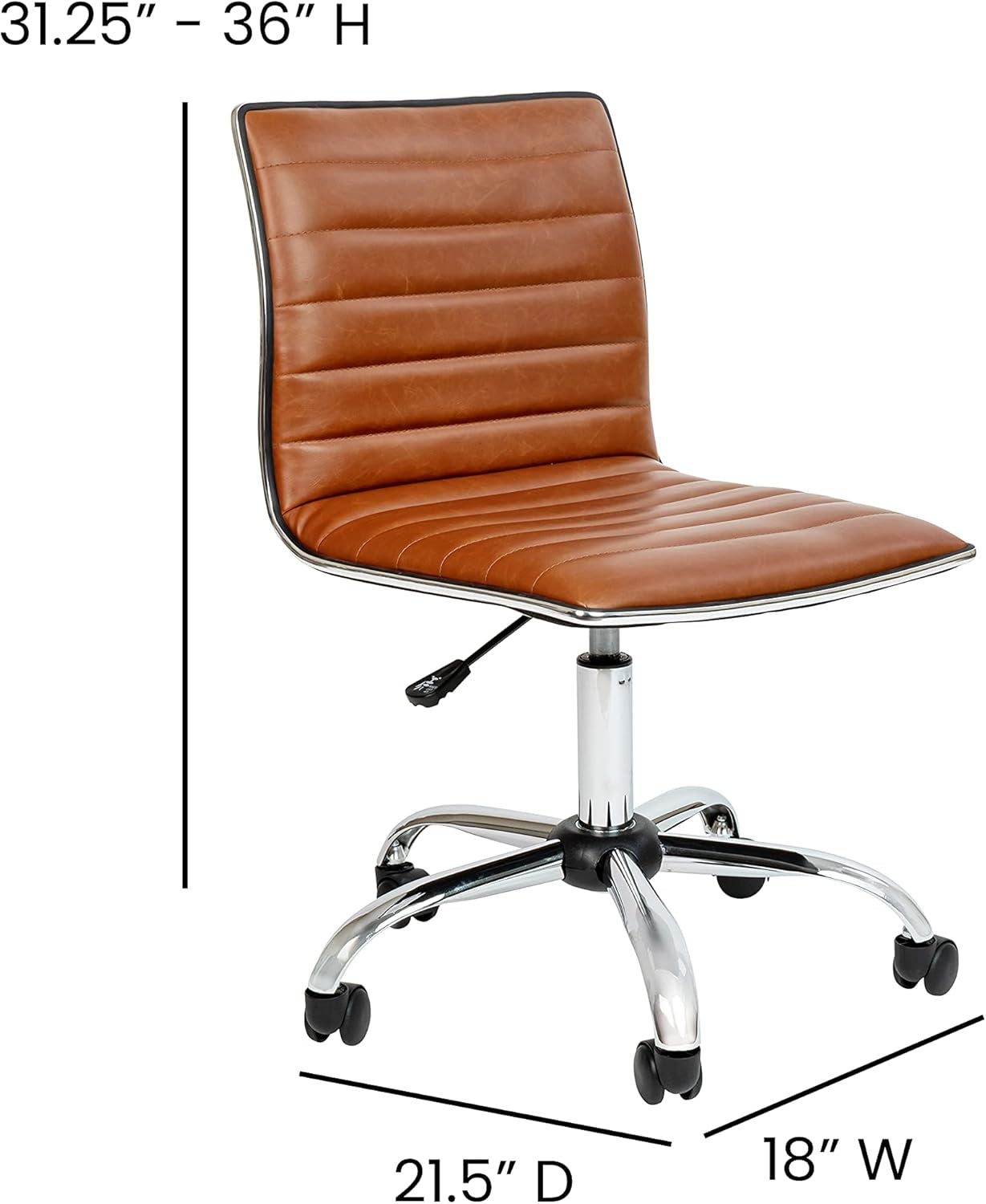 Brown office chair with dimensions on a white background