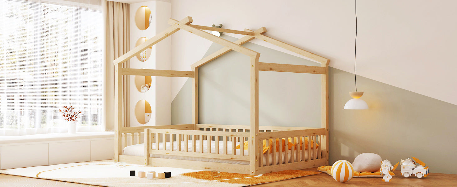 Wood Bed House Bed Frame with Fence, for Kids, Teens, Girls, Boys