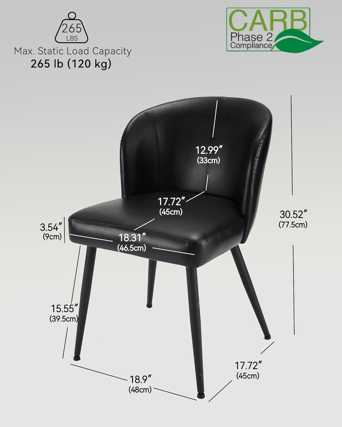 Black chair with measurements and load capacity details on a white background
