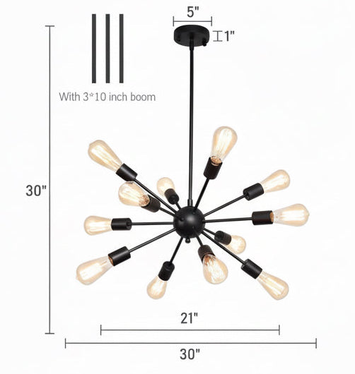 Product details of a black sputnik chandelier with specifications and bulb compatibility.