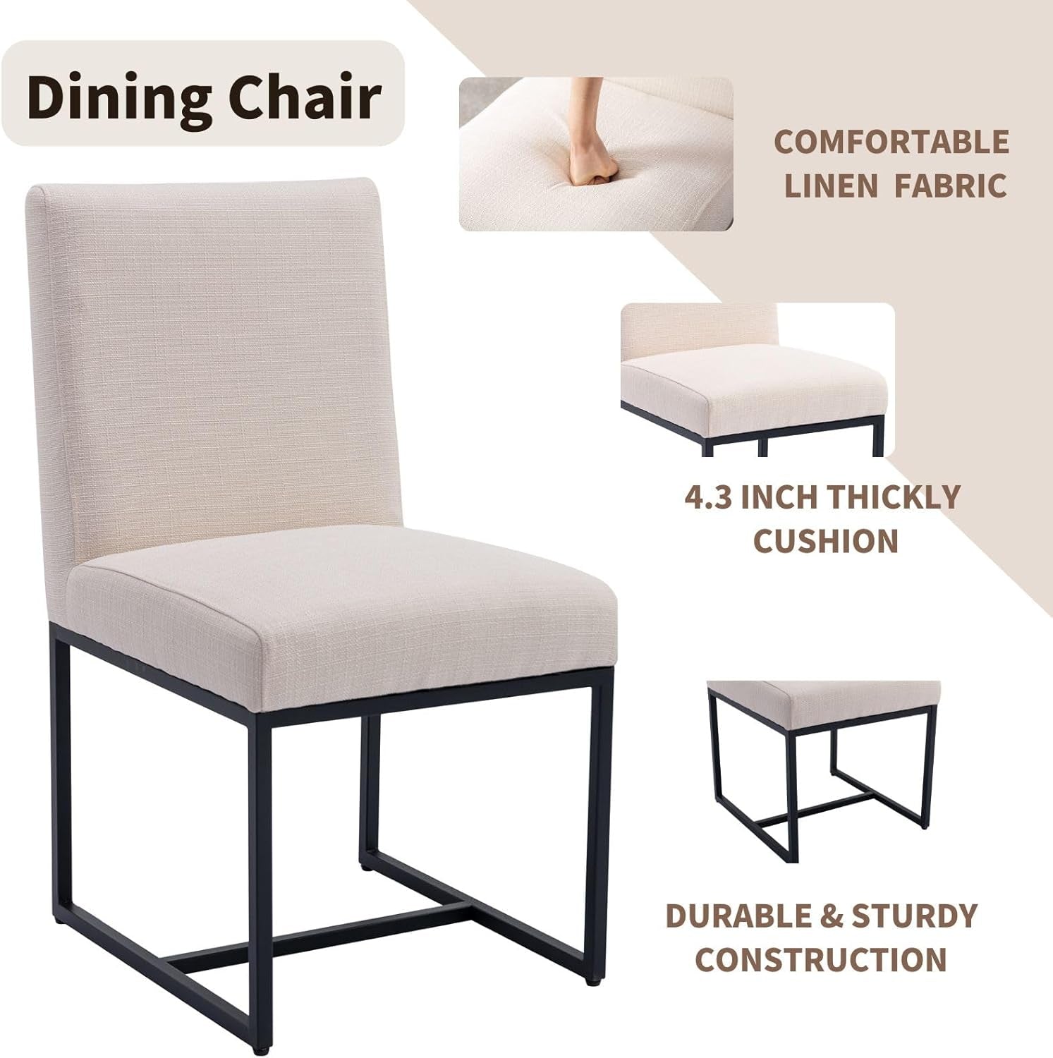Beige dining chair with text highlighting features on a white background