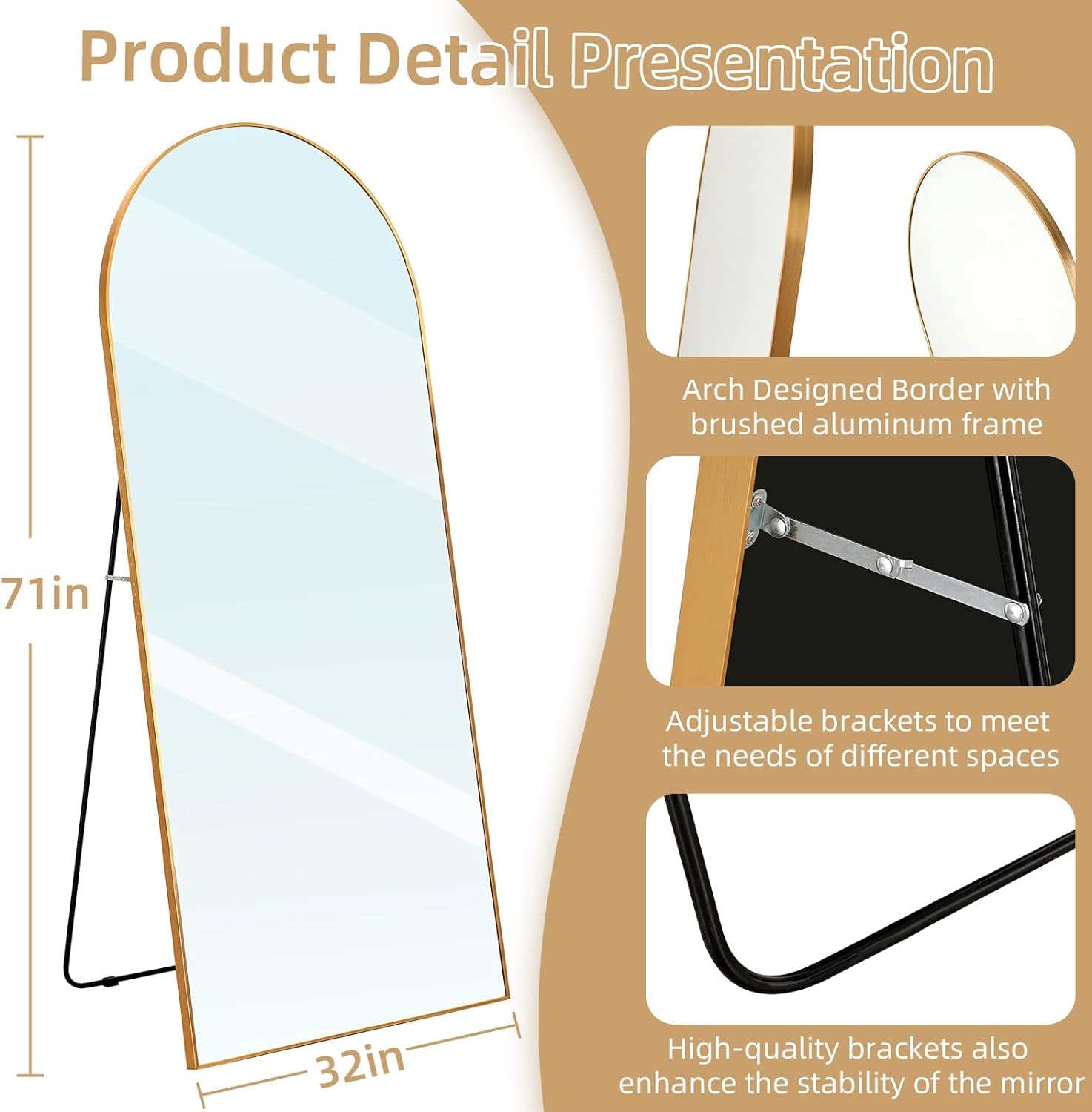 Product detail presentation of a standing mirror with specifications and features.