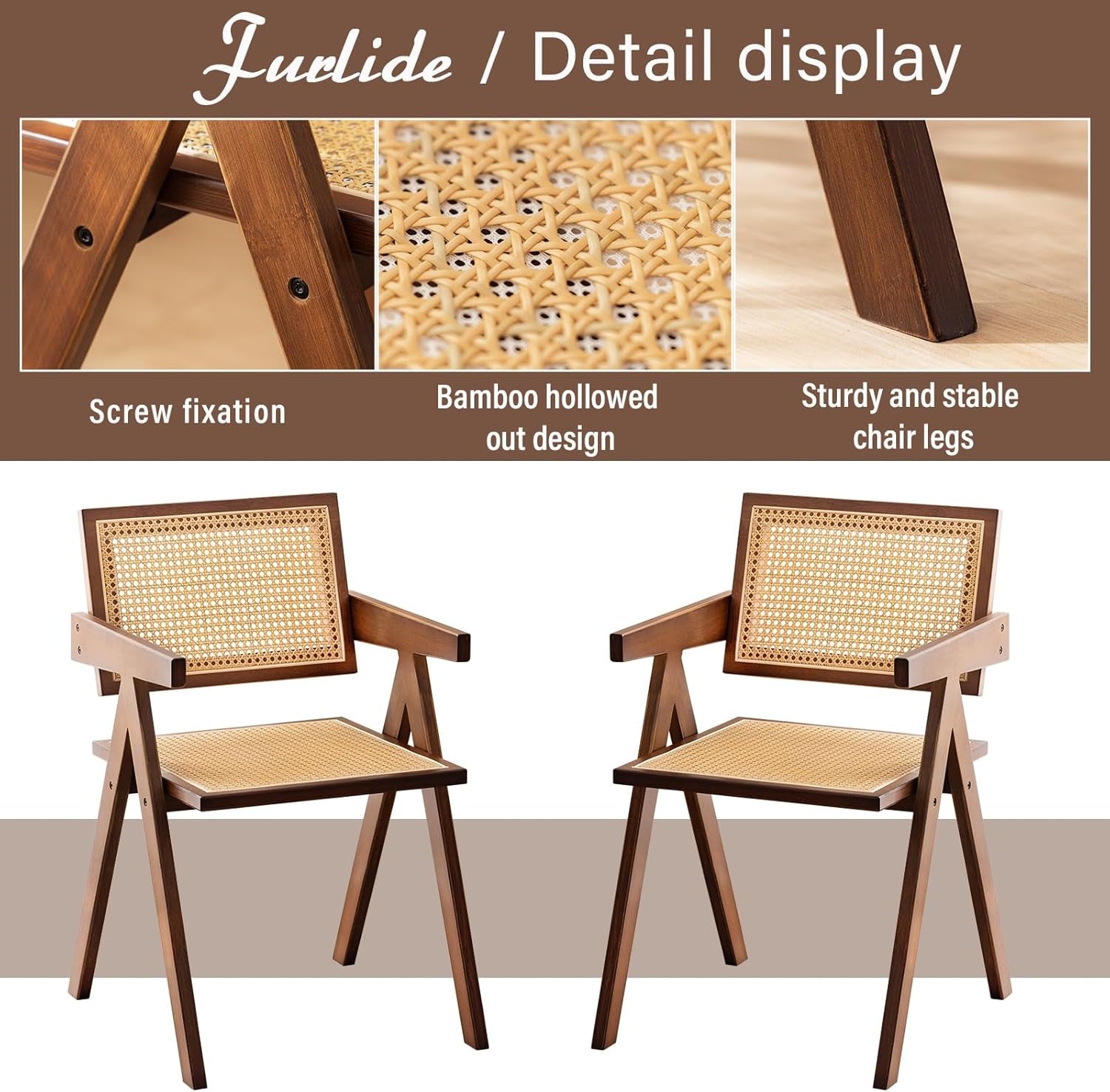 Two wooden chairs with wicker seats and backrests, featuring screw fixation, bamboo hollowed-out design, and sturdy legs on a beige background.
