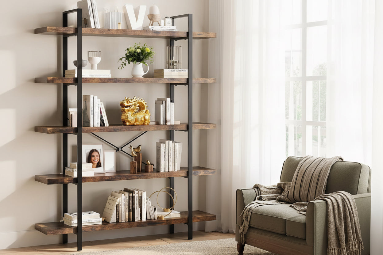 Wooden bookshelf with decorative items in a living room setting, featuring text about high load capacity.