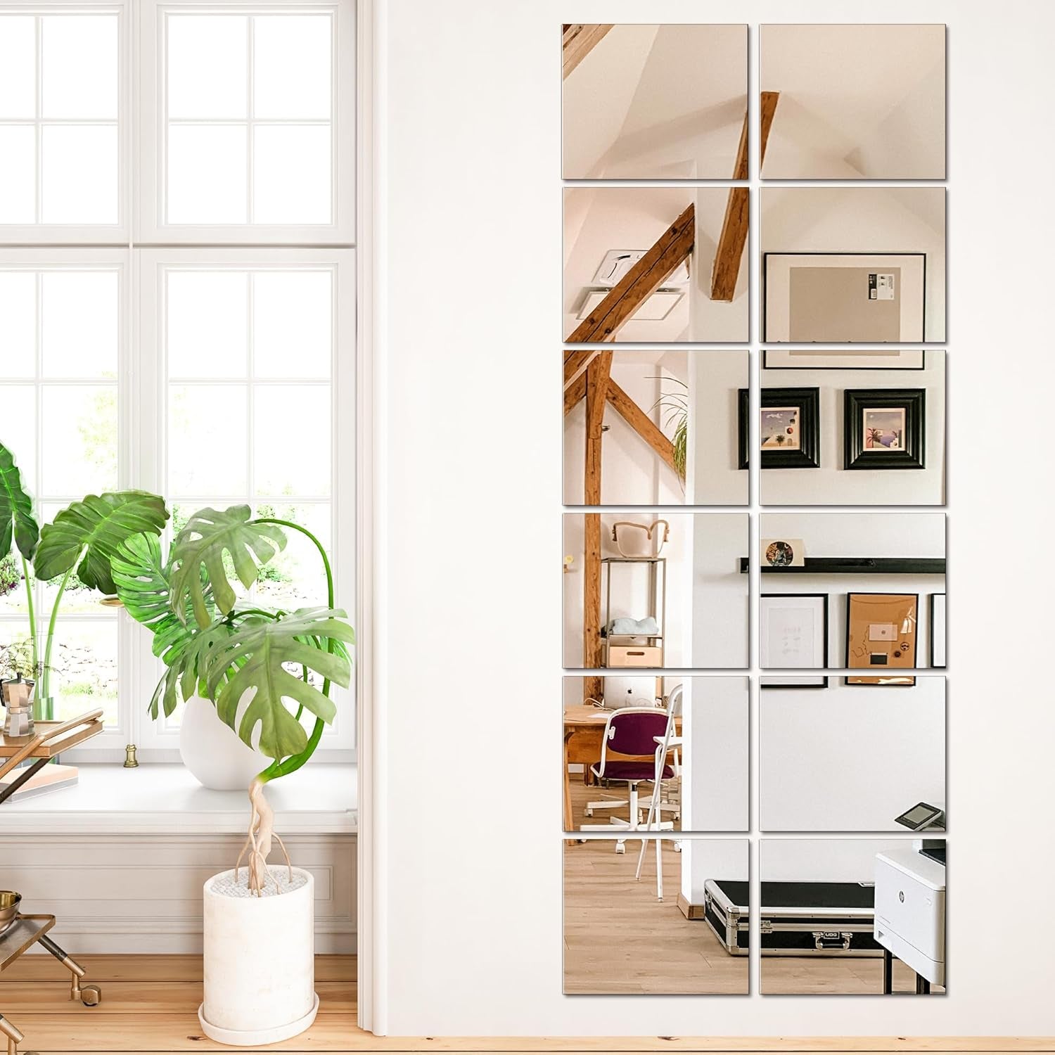 Decorative wall mirror with a grid design in a room with a plant and furniture.
