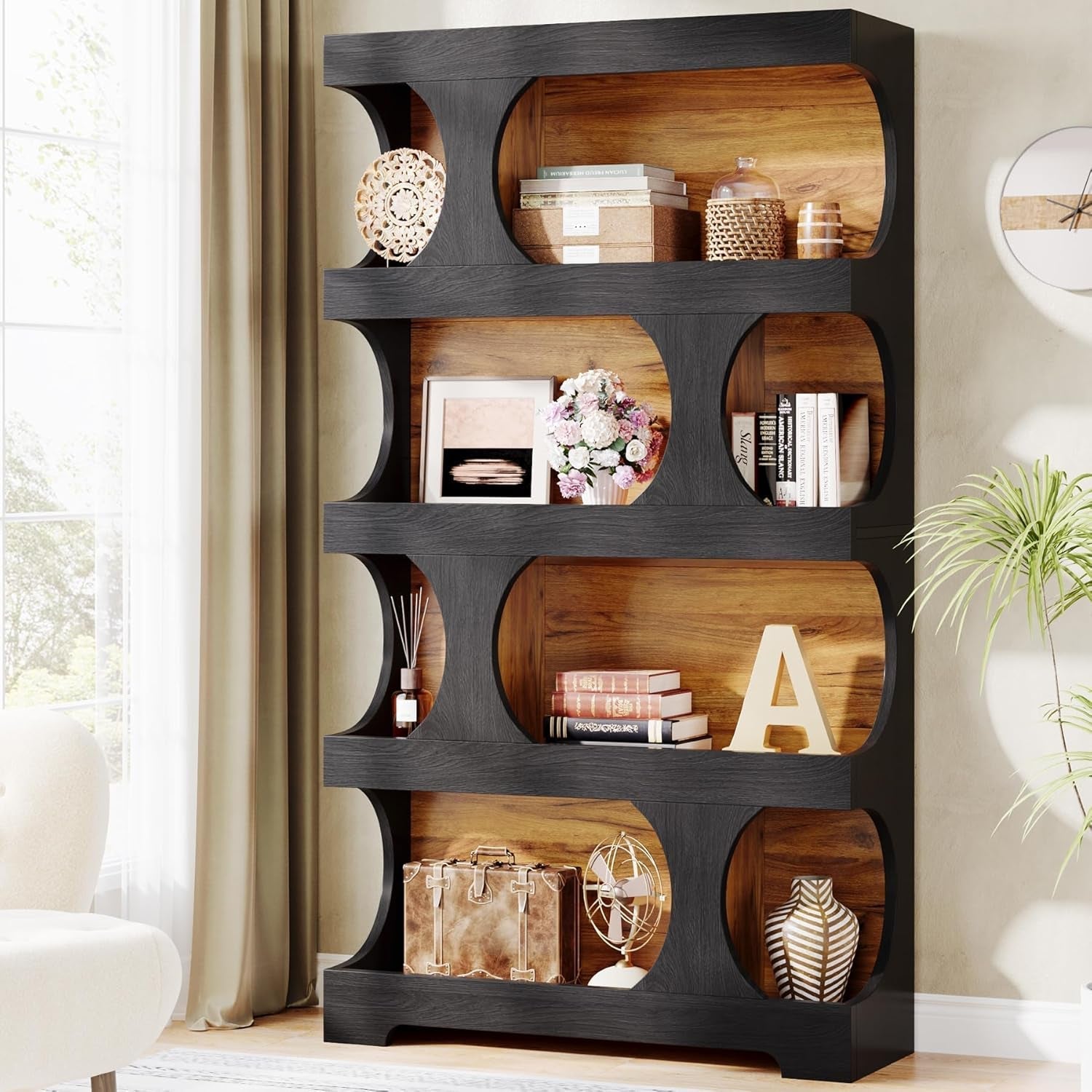 Decorative bookshelf with wooden shelves in a room setting