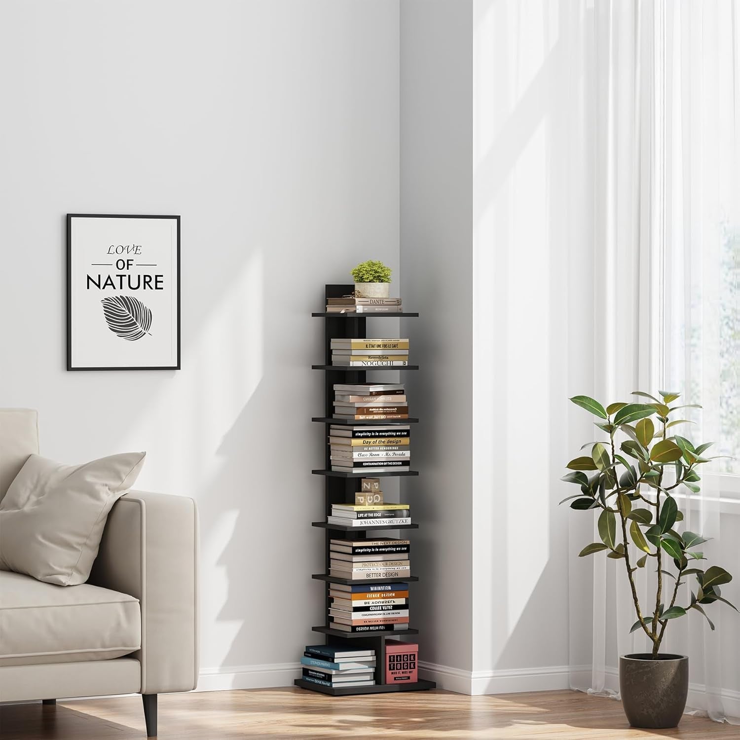 Tall bookshelf against a white wall with books and decorative items, next to a sofa and a plant.