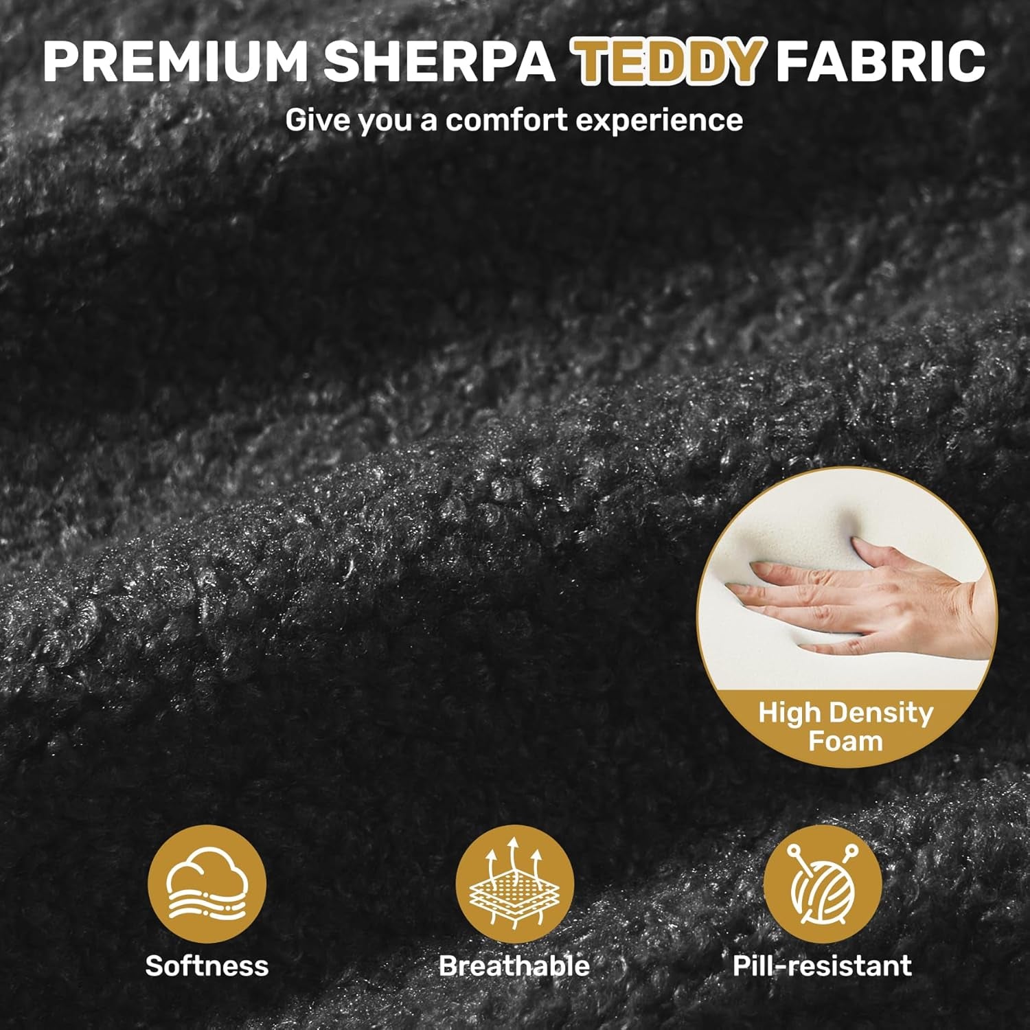 Premium Sherpa Teddy fabric with features highlighted on a dark background
